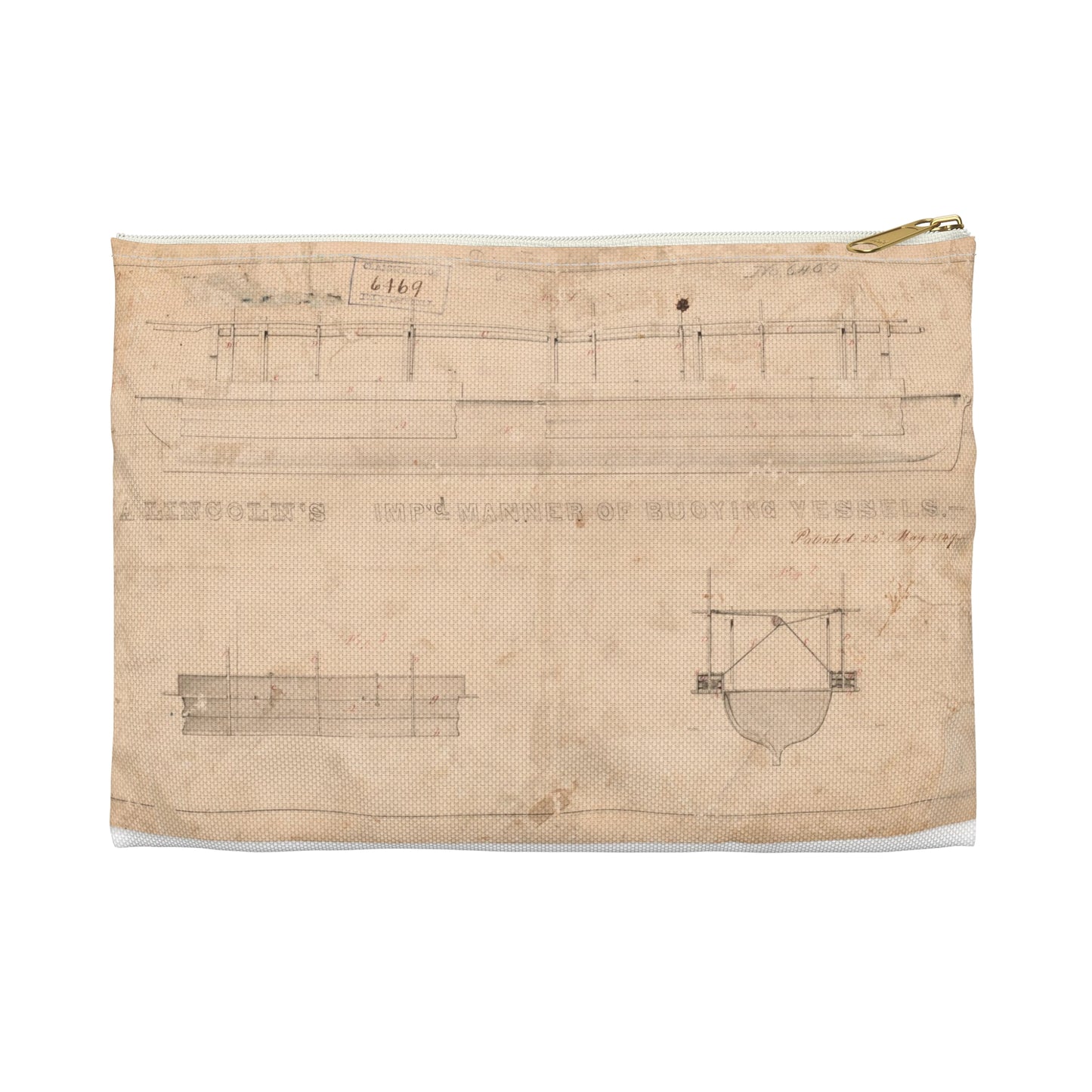 Patent drawing - Abraham Lincoln's  for Improved Manner of Buoying Vessels Public domain  image Large Organizer Pouch with Black Zipper