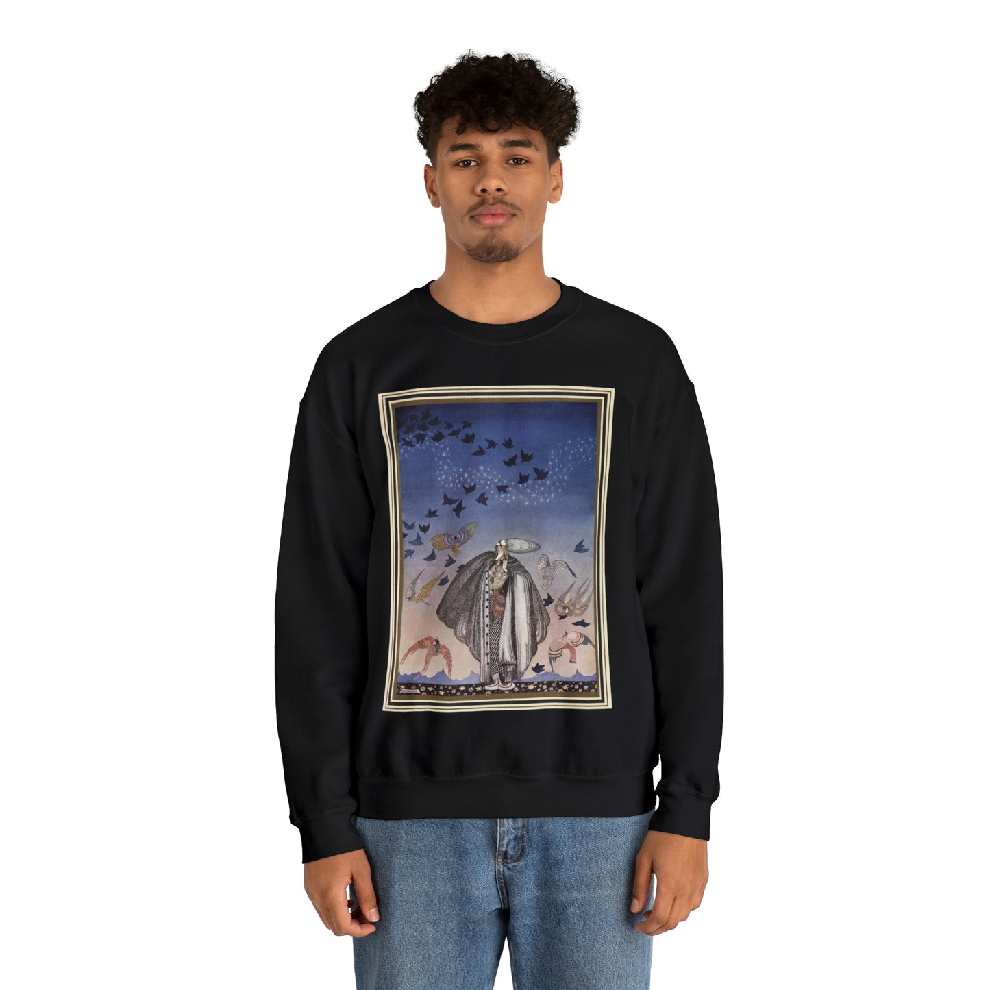 ‘No sooner had he whistled than he heard a whizzing and a whirring from all quarters, and such a large flock of birds swept down that they blackened all the field in which they settled’ (6278219321) Black Heavy Blend Adult Crew Neck SweatShirt