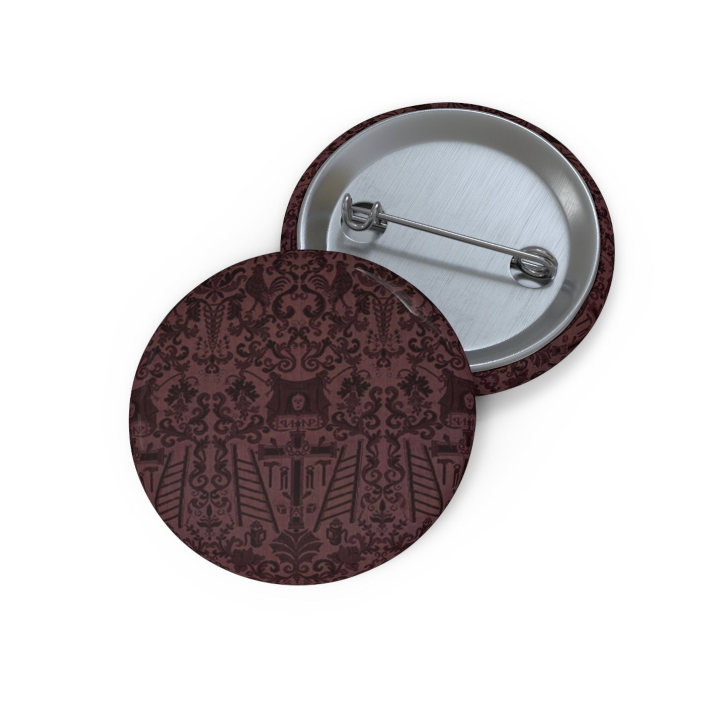 Length of velvet with Instruments of the Passion Pin Buttons with Crisp Design