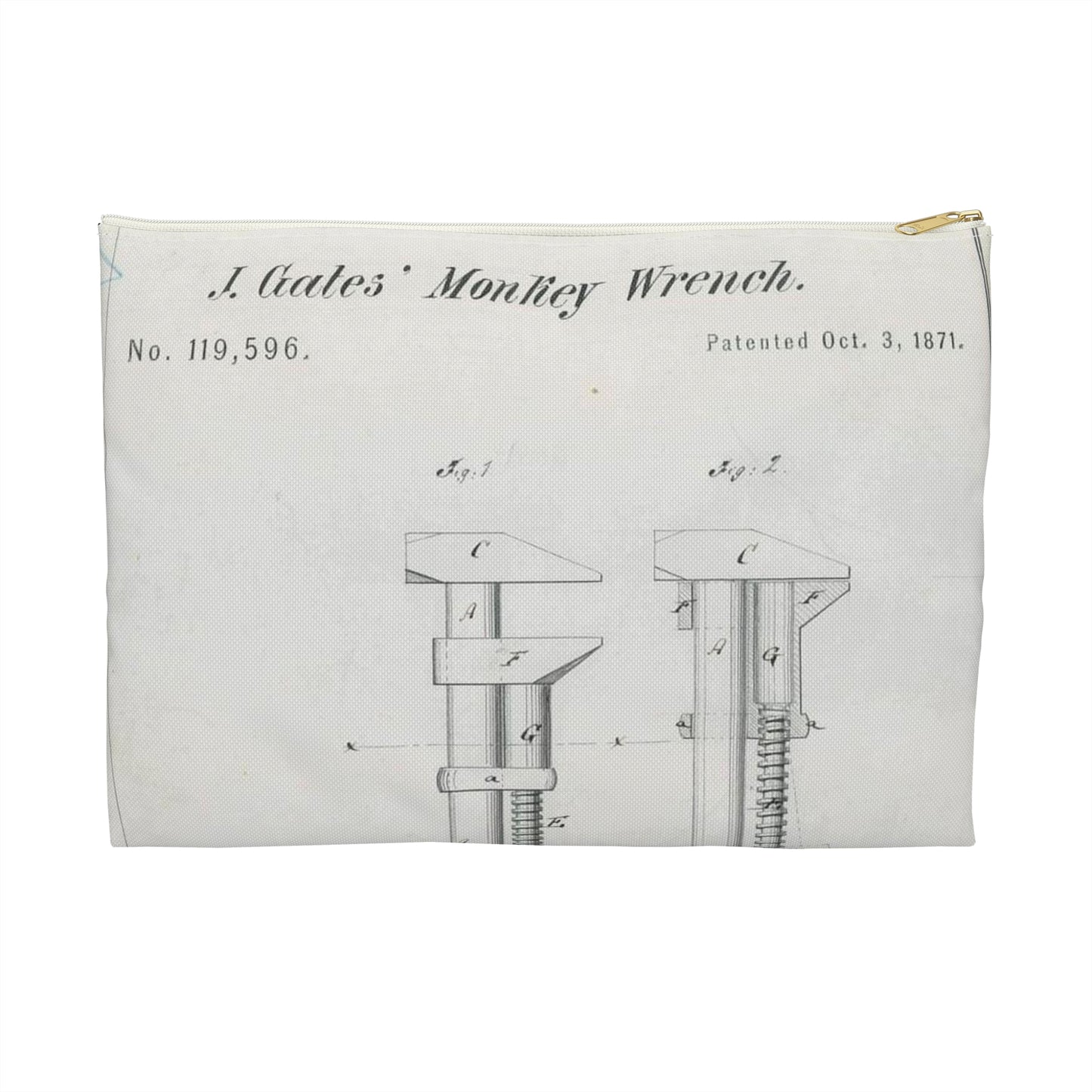 Patent Drawing of Engine - for J. Gates' Monkey Wrench Public domain  image Large Organizer Pouch with Black Zipper