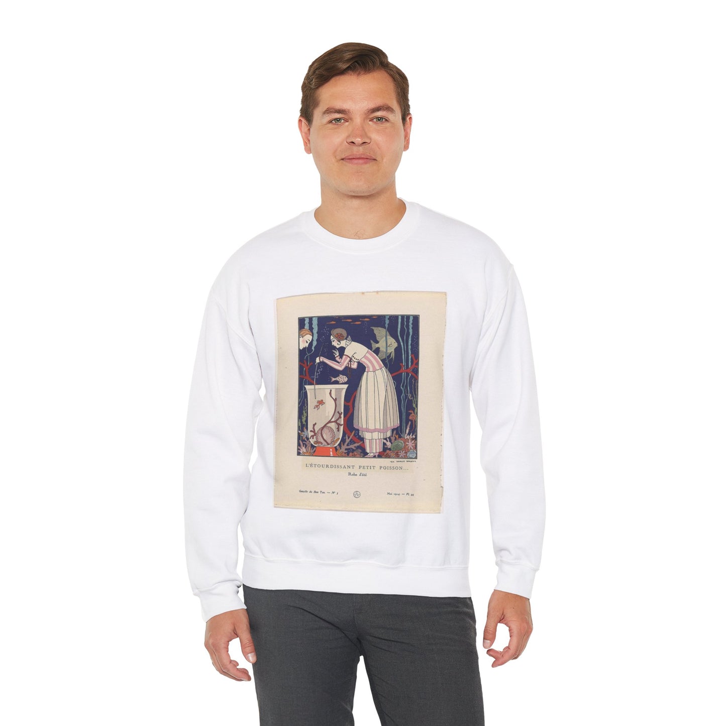 Gazette du Bon Ton, 1914 - No. 5, Pl. 44: L'étourdissant petit poisson (...) / Robe d'été White Heavy Blend Adult Crew Neck SweatShirt