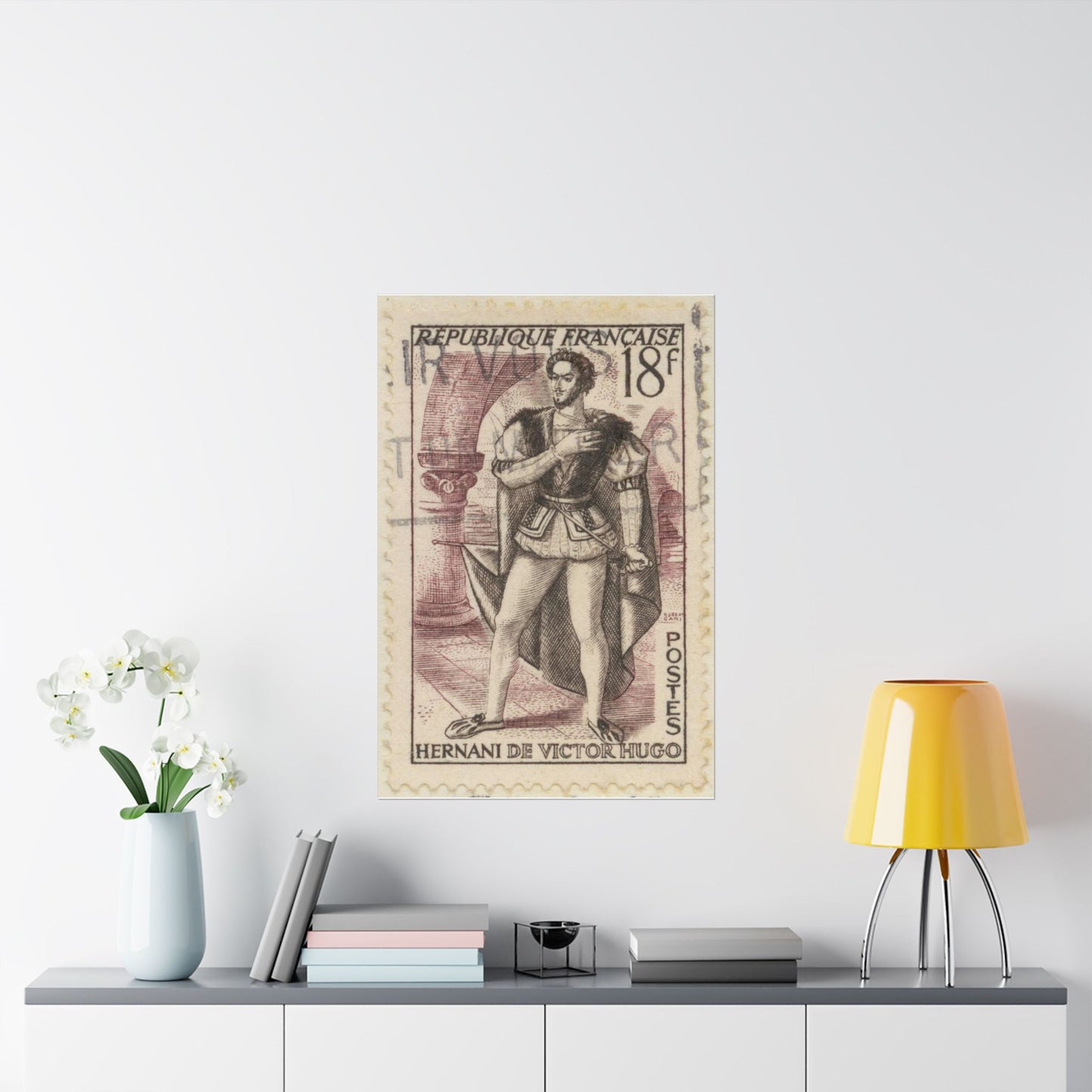 Frimärke ur Gösta Bodmans filatelistiska motivsamling, påbörjad 1950.Frimärke från FRanskrike, 1953. Motiv av "Herani": skådespel av Victor Hugo. High Quality Matte Wall Art Poster for Home, Office, Classroom