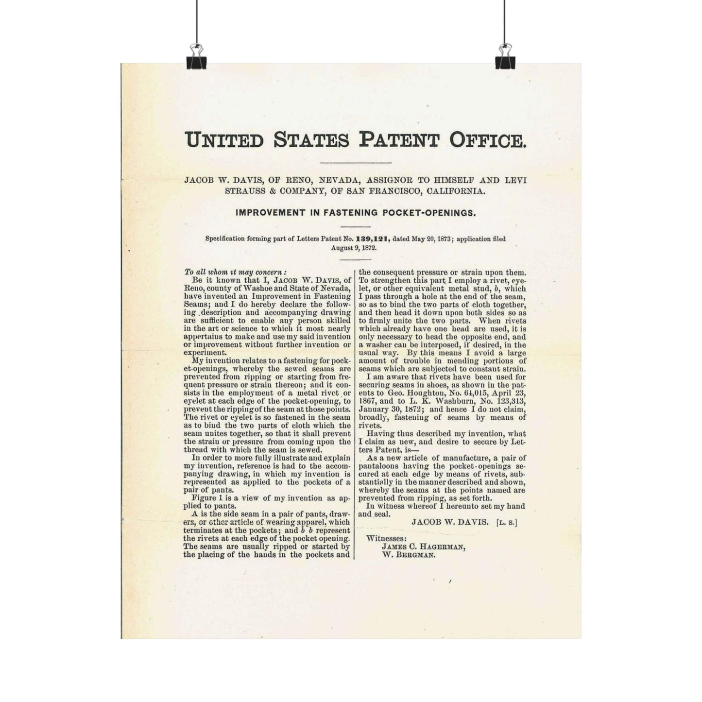 Patent Case File No. 139,121, Improvement in Fastening Pocket Openings, Inventor- Jacob W. Davis - DPLA - afb017b06366ded5b3d9735cb413b735 (page 29) High Quality Matte Wall Art Poster for Home, Office, Classroom