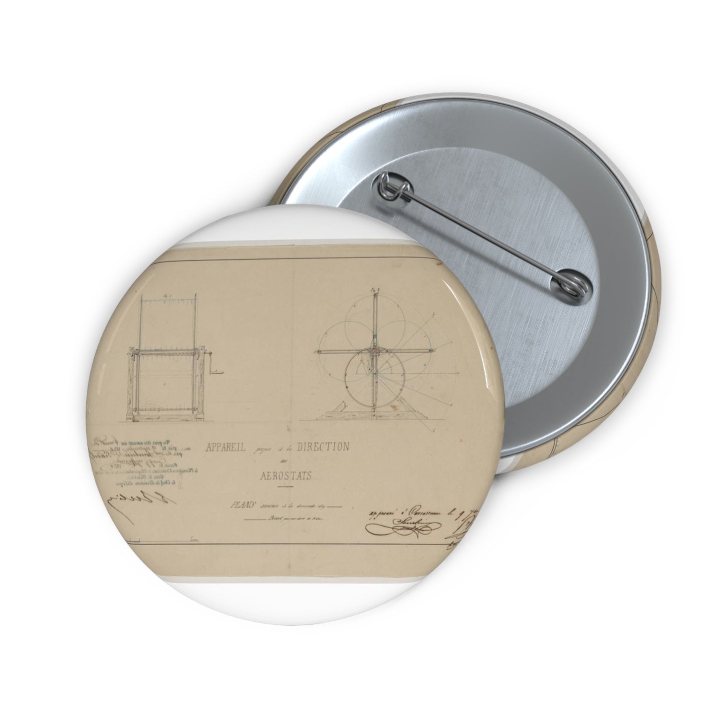 Patent drawing - Appareil propre à la direction des aerostats plans annèxes à la demande d'un brevet pour une durée de 15 ans / / apprové à [...] Sourbieu & Pre. Pradel, 1852 septembre 9. Public domain  image Pin Buttons with Crisp Design