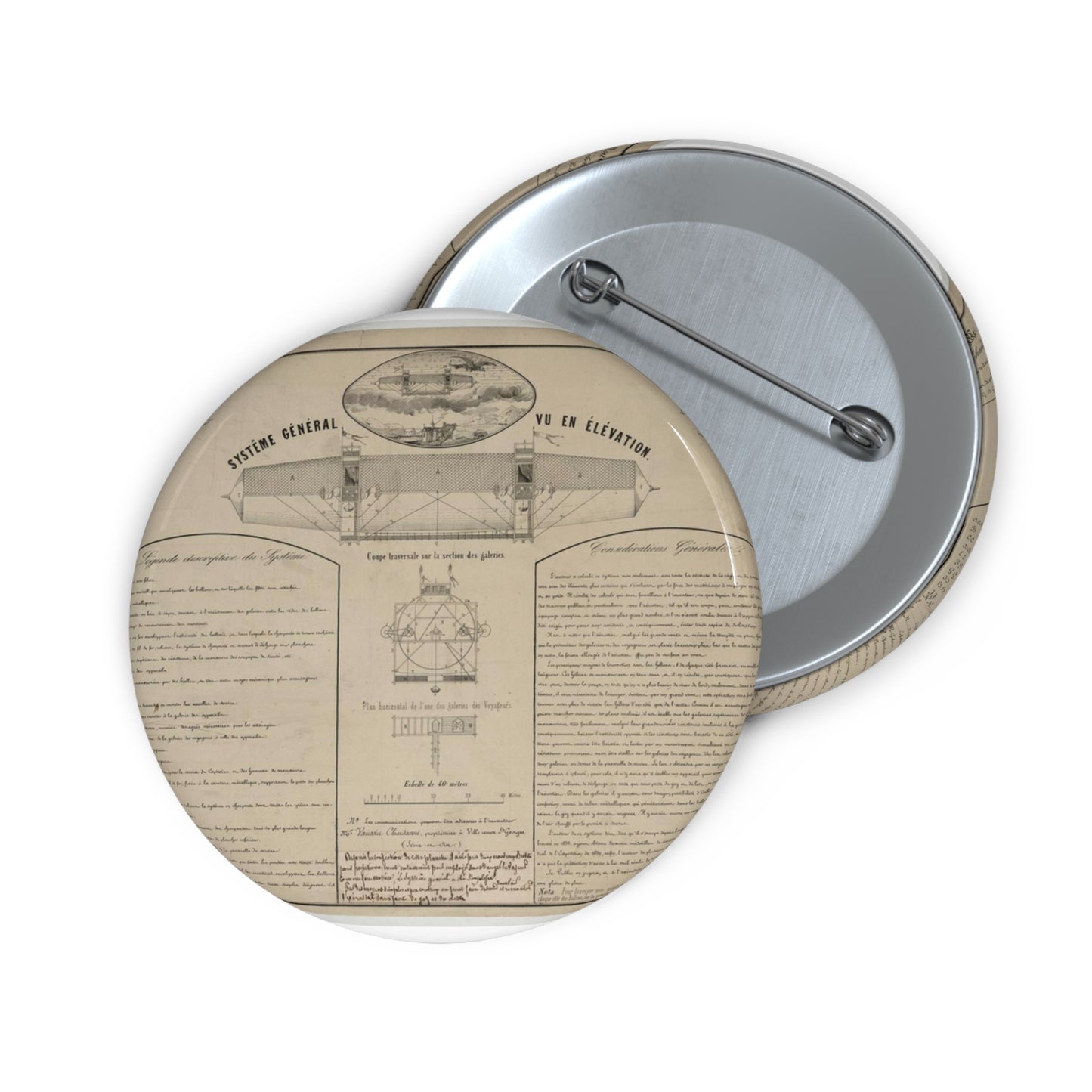 Patent drawing - Aérostat dirigeable système Vaussin Chardanne, brevet ... Nouveaux procédés de direction aérienne présenté à lʹInstitut de France, 1852 Public domain  image Pin Buttons with Crisp Design