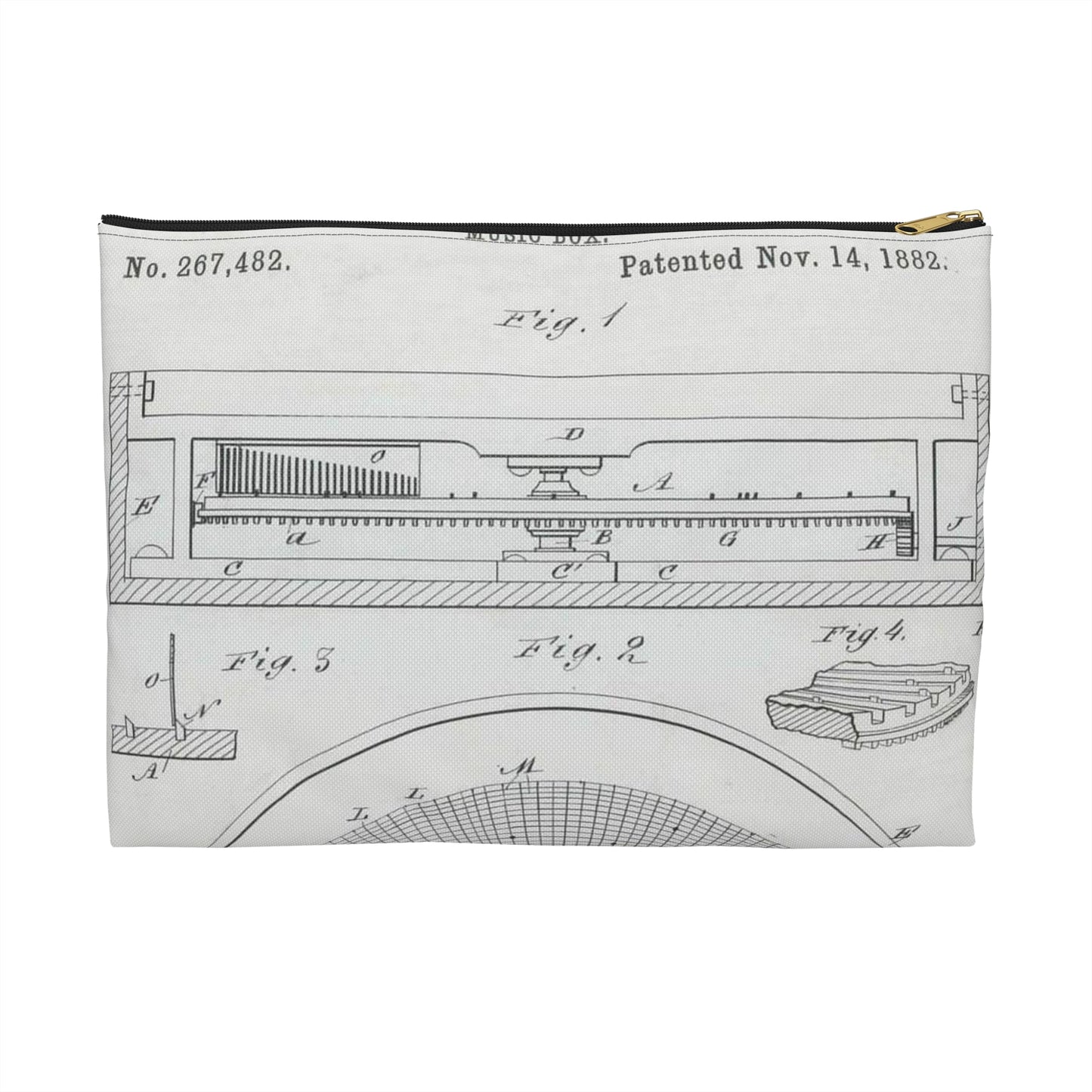 Patent Drawing of Engine - for M. Boom's Music Box Public domain  image Large Organizer Pouch with Black Zipper