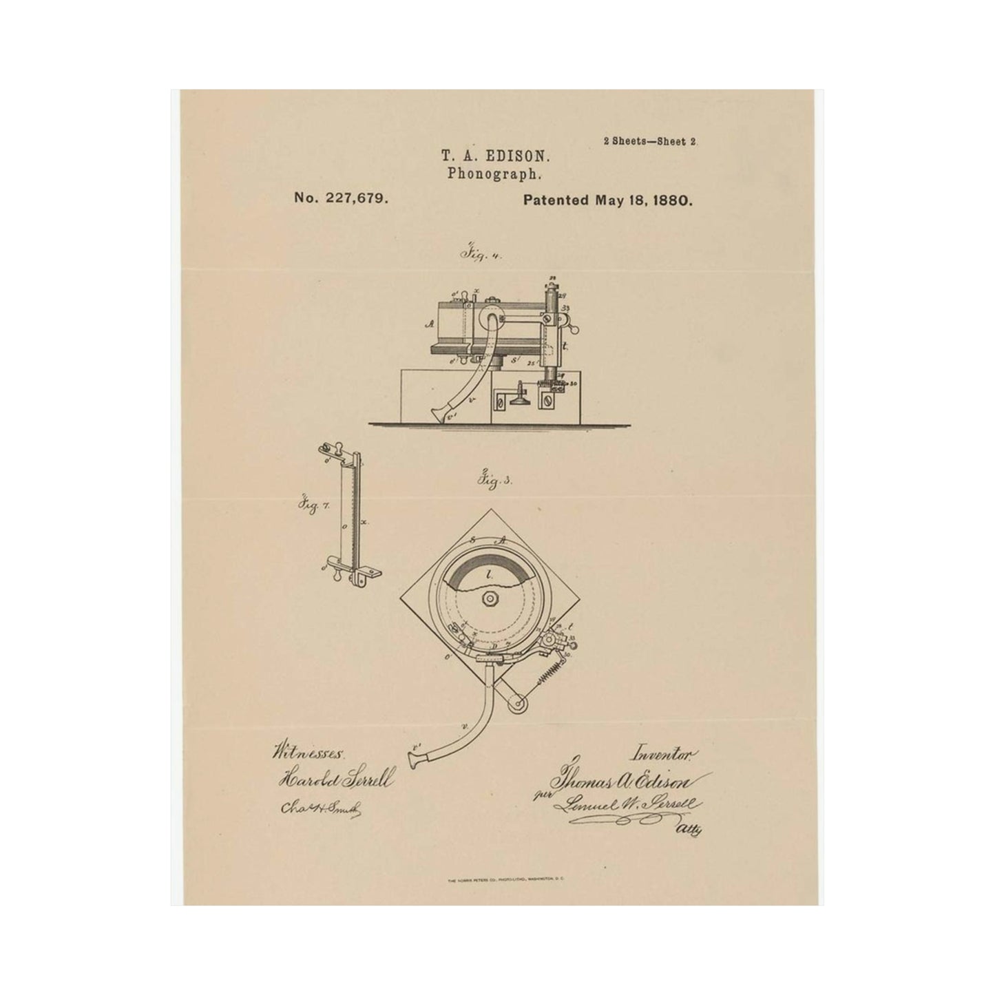 Patent Drawing of Engine - Drawing for a Phonograph Public domain  image High Quality Matte Wall Art Poster for Home, Office, Classroom