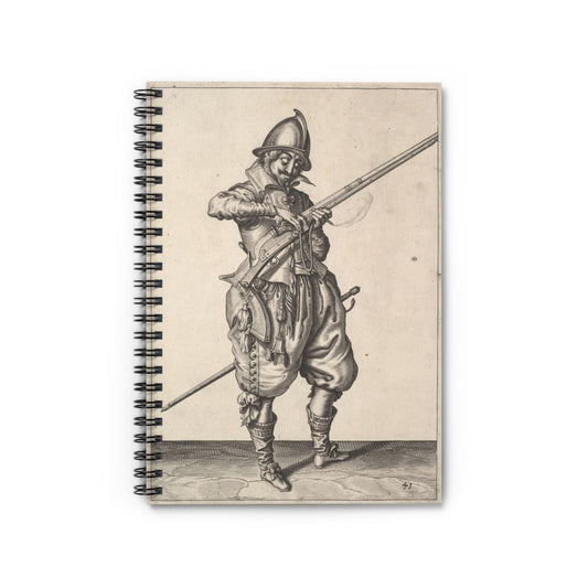 A soldier on guard shaping the match between his thumb and his forefinger, from the Marksmen series, plate 41, in Wapenhandelinghe van Roers Musquetten Ende Spiessen (The Exercise of Arms) Spiral Bound Ruled Notebook with Printed Cover