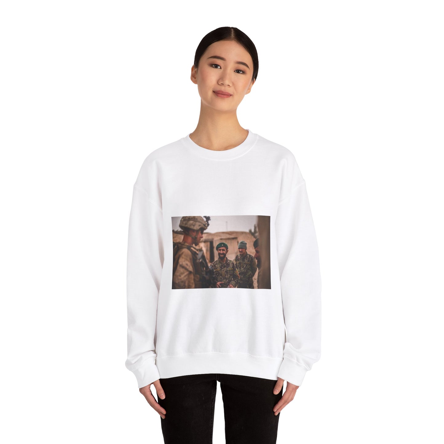 A U.S. Marine with Task Force Southwest (TFSW) converses White Heavy Blend Adult Crew Neck SweatShirt