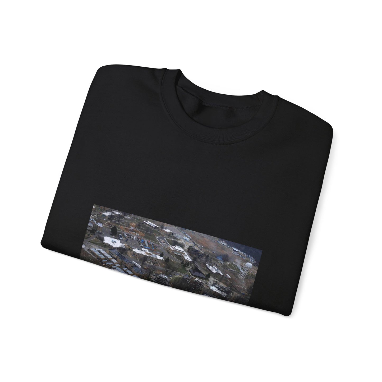 An aerial view of the Muscatatuck Urban Training Center Black Heavy Blend Adult Crew Neck SweatShirt