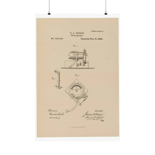 Patent Drawing of Engine - Drawing for a Phonograph Public domain  image High Quality Matte Wall Art Poster for Home, Office, Classroom