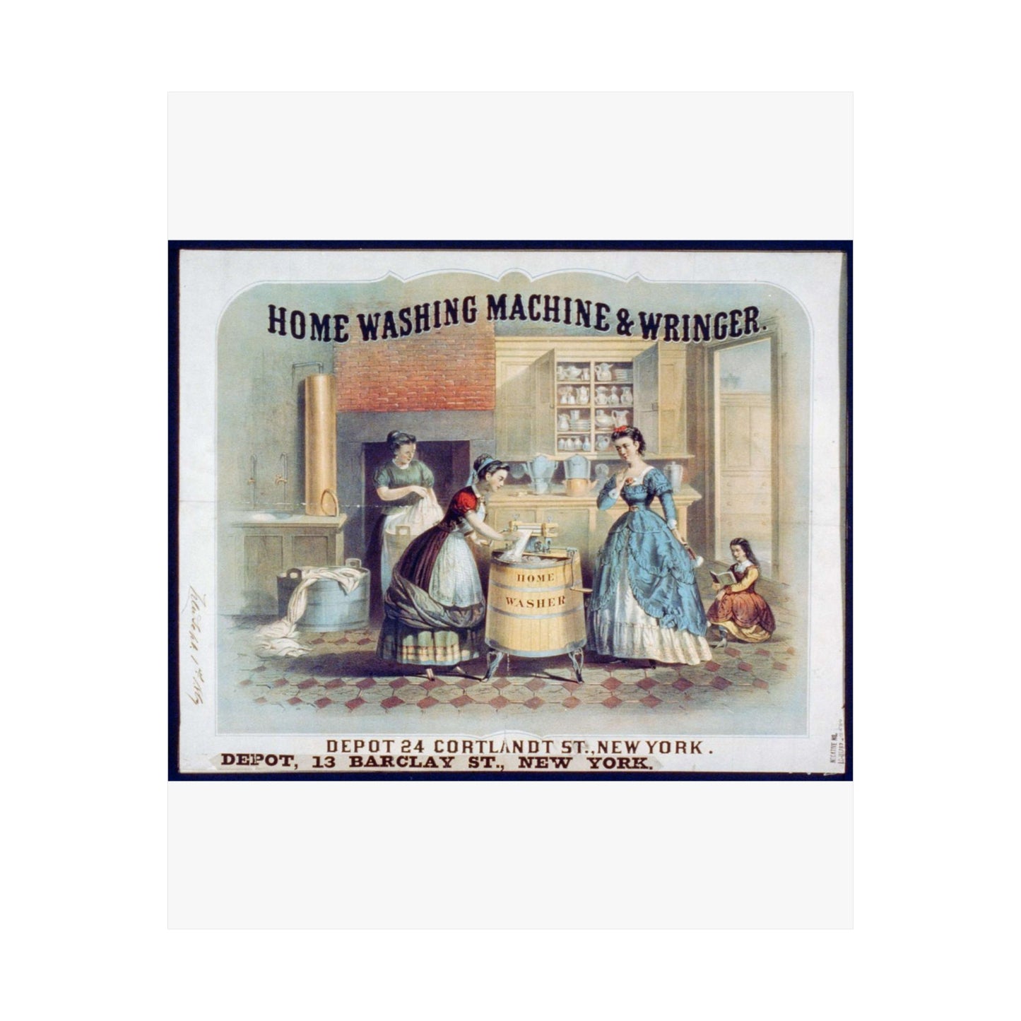 Home washing machine & wringer - A painting of women washing machines in a kitchen High Quality Matte Wall Art Poster for Home, Office, Classroom