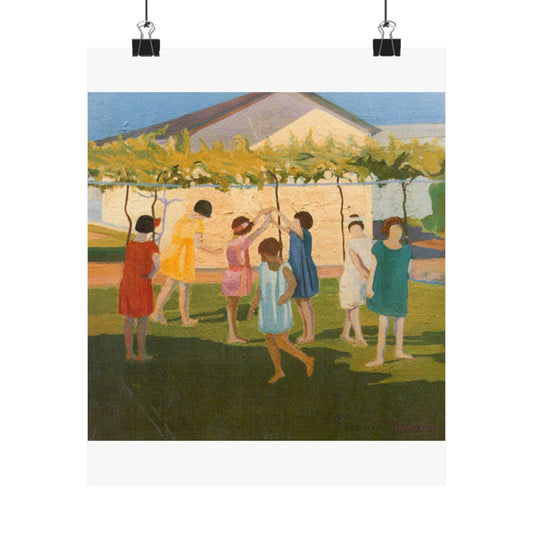 Petrona Viera - A painting of a group of children playing with a kite High Quality Matte Wall Art Poster for Home, Office, Classroom