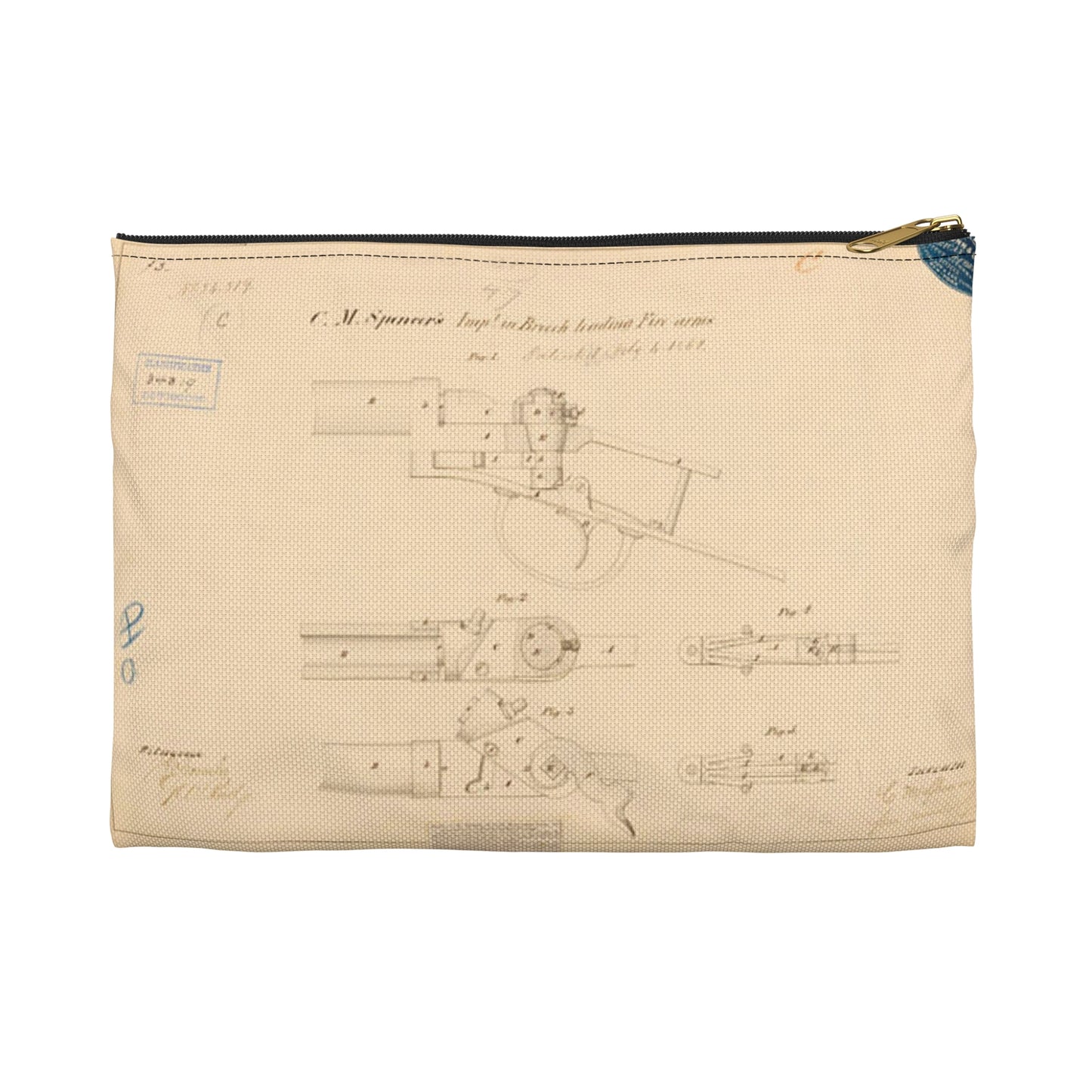 Patent Drawing of Engine - Drawing of Improvements in Breech Loading Fire Arms Public domain  image Large Organizer Pouch with Black Zipper