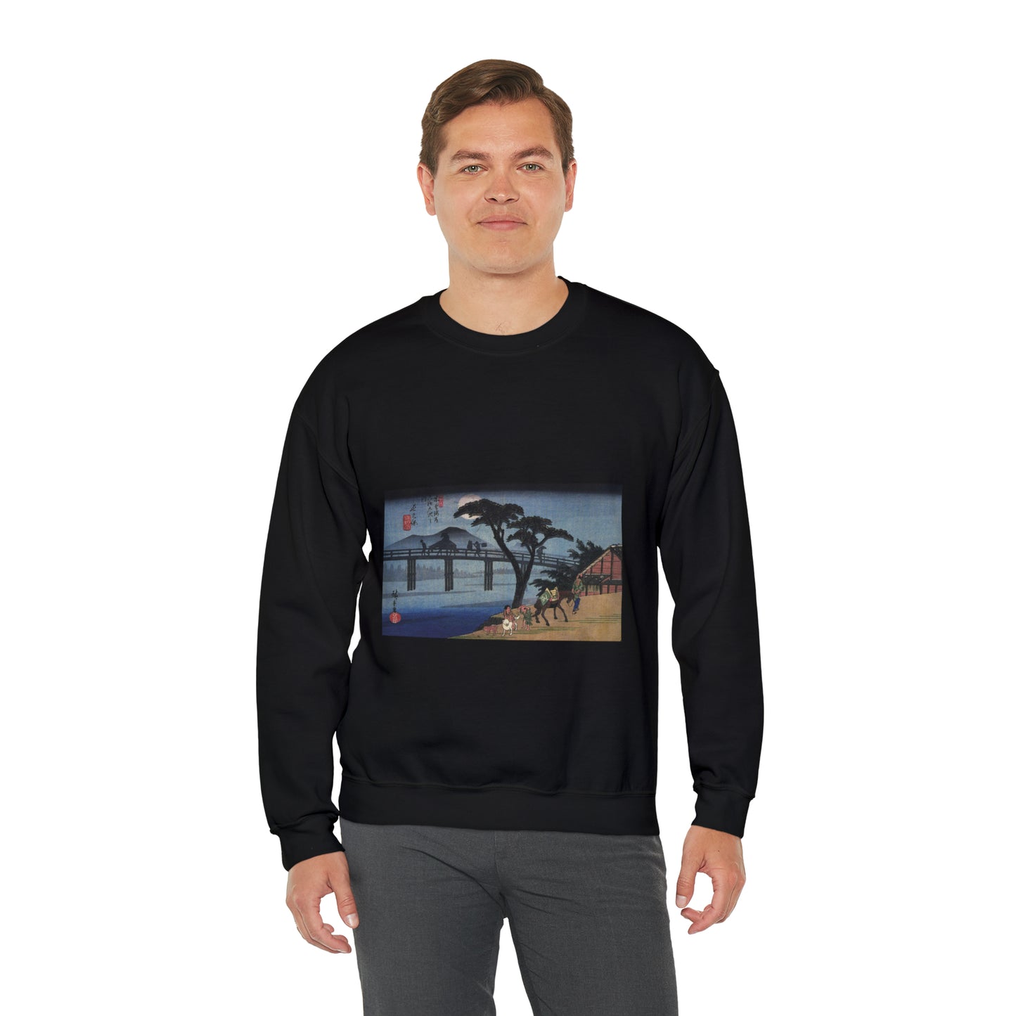 Hiroshige Man on horseback crossing a bridge Black Heavy Blend Adult Crew Neck SweatShirt