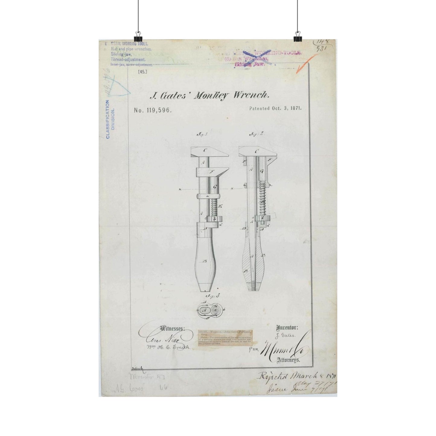 Patent Drawing of Engine - for J. Gates' Monkey Wrench Public domain  image High Quality Matte Wall Art Poster for Home, Office, Classroom