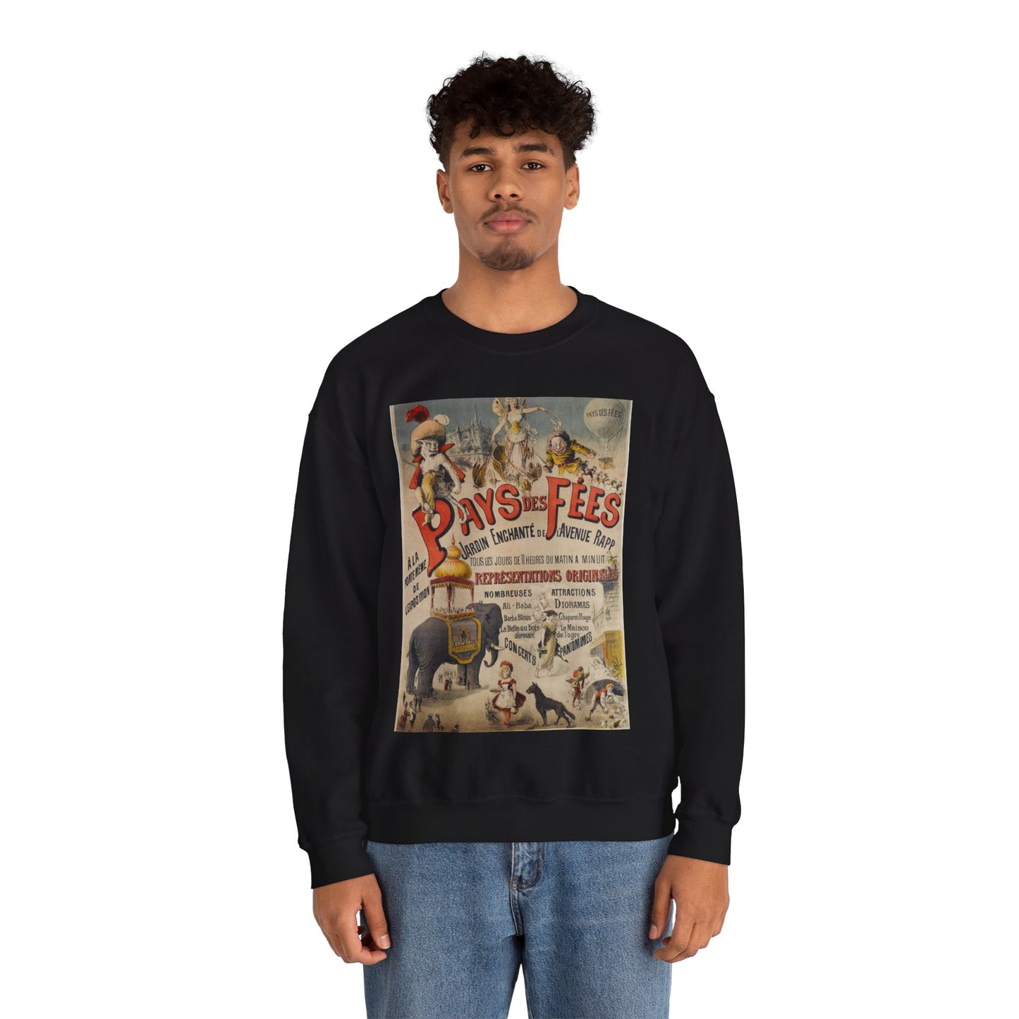 PAYS DES FEES/ JARDIN ENCHANTE DE L'AVENUE RAPP/ TOUS LES JOURS DE 11 HEURES DU MATIN A MINUIT/ REPRESENTATIONS ORIGINALES/ NOMBREUSES ATTRACTIONS/ DIORAMAS Black Heavy Blend Adult Crew Neck SweatShirt