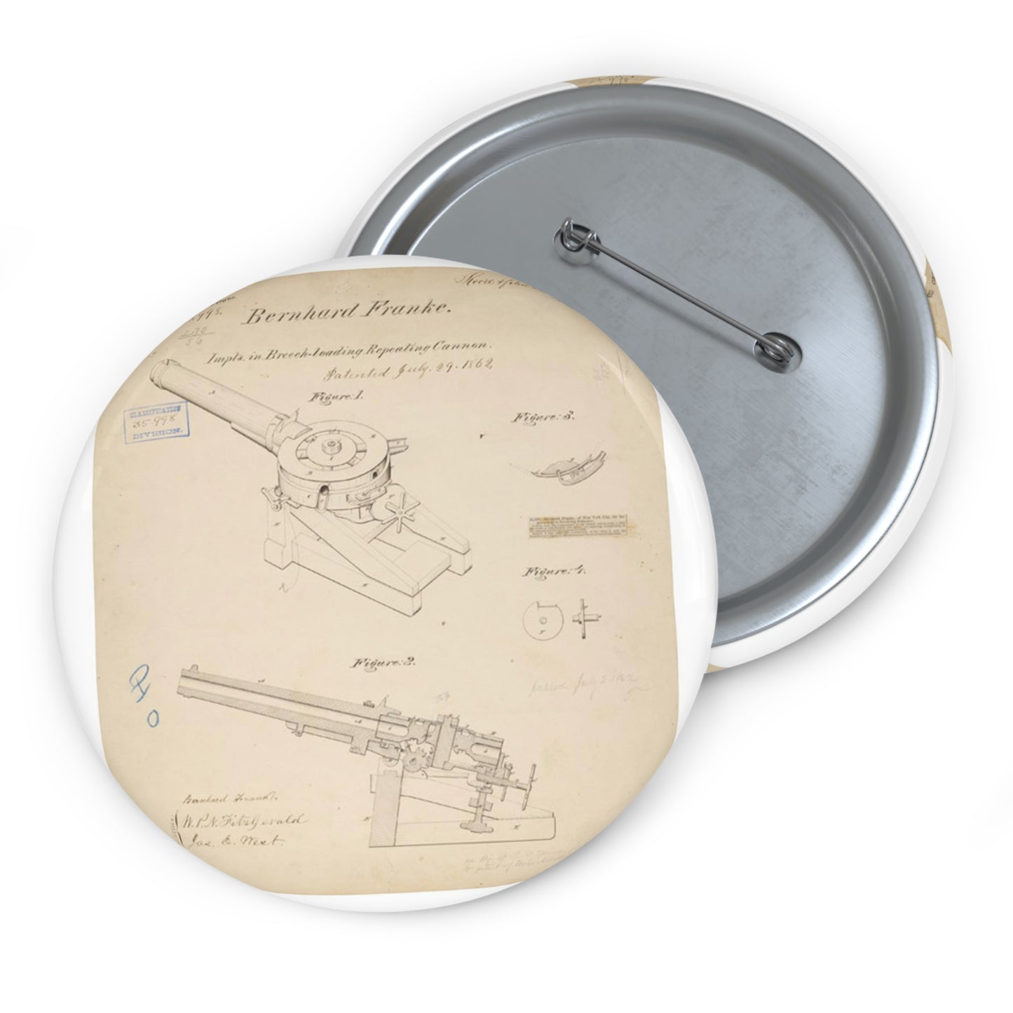 Patent drawing - Drawing of Improvements in Breech-Loading Repeating Cannon Public domain  image Pin Buttons with Crisp Design