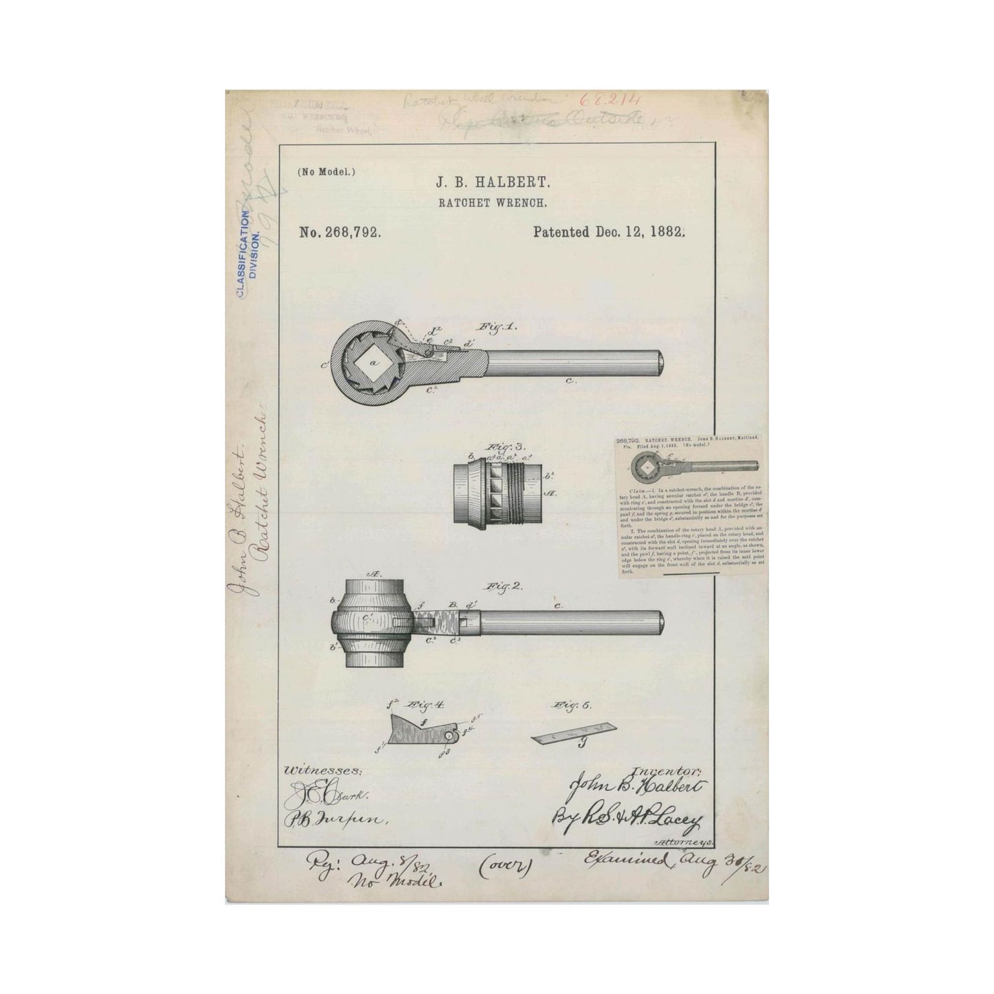 Patent Drawing of Engine - for J. B. Halbert's Ratchet Wrench Public domain  image High Quality Matte Wall Art Poster for Home, Office, Classroom