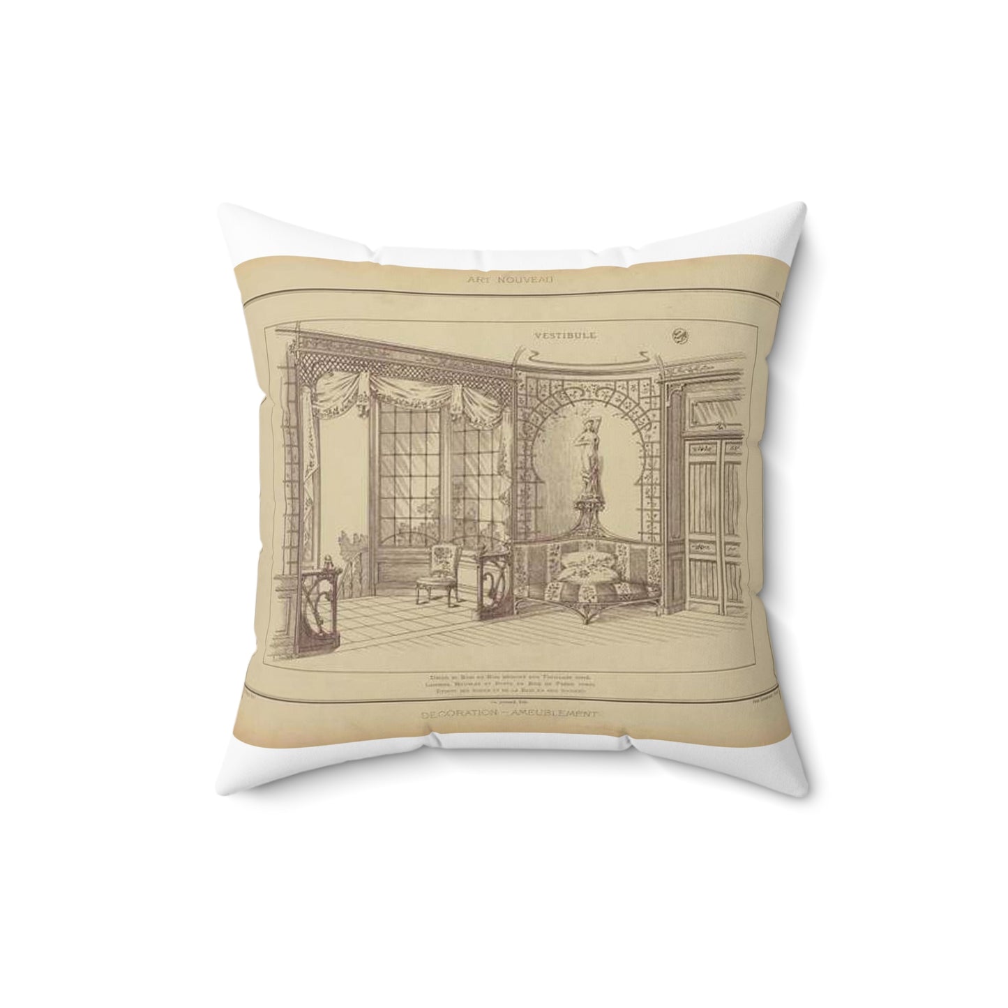 Vestibule : décor de baie en bois découpé sur treillage doré. Lambris, meubles et porte en bois de frêne verni. Etoffe des sièges et de la baie en soie brochée. Decorative Accent Square Pillow