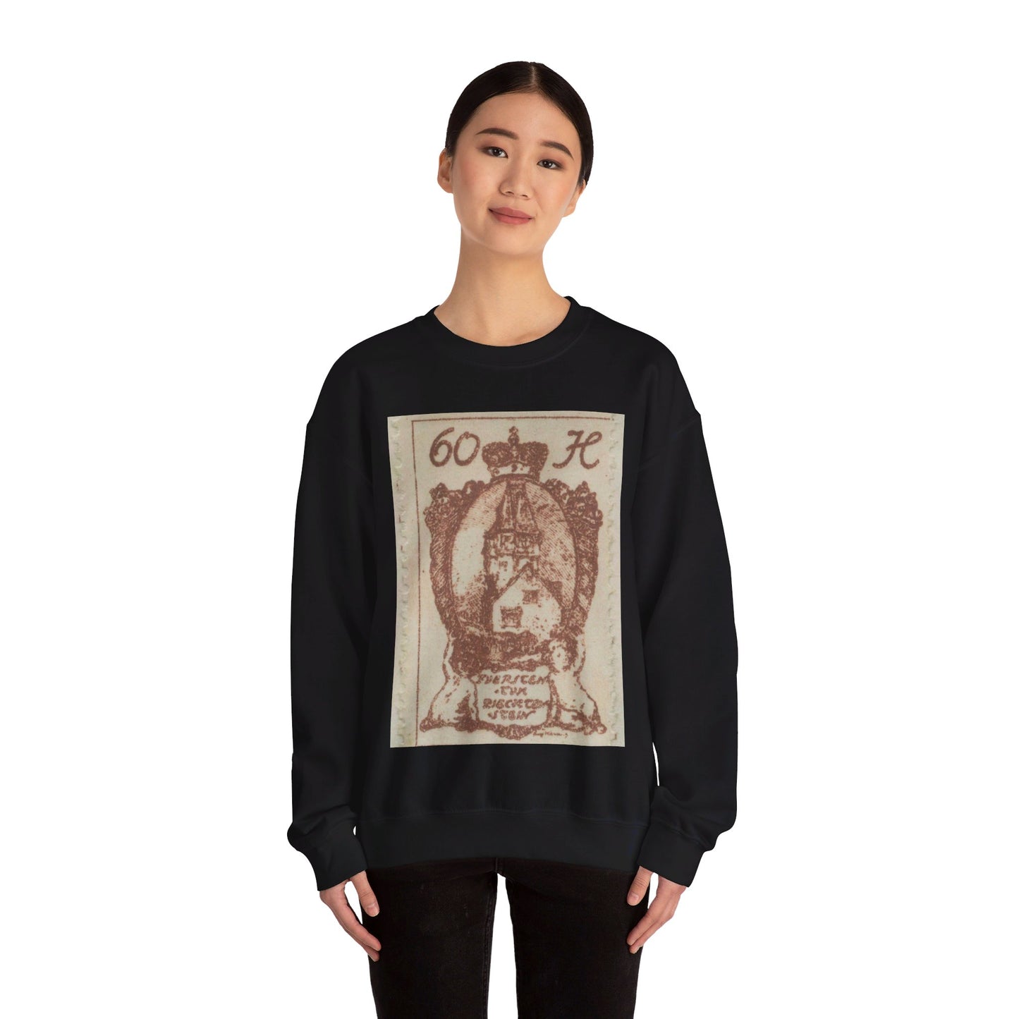 Frimärke ur Gösta Bodmans filatelistiska motivsamling, påbörjad 1950.Frimärke från Liechtenstein, 1920. Motiv av Röda Tornet i Vaduz. Black Heavy Blend Adult Crew Neck SweatShirt