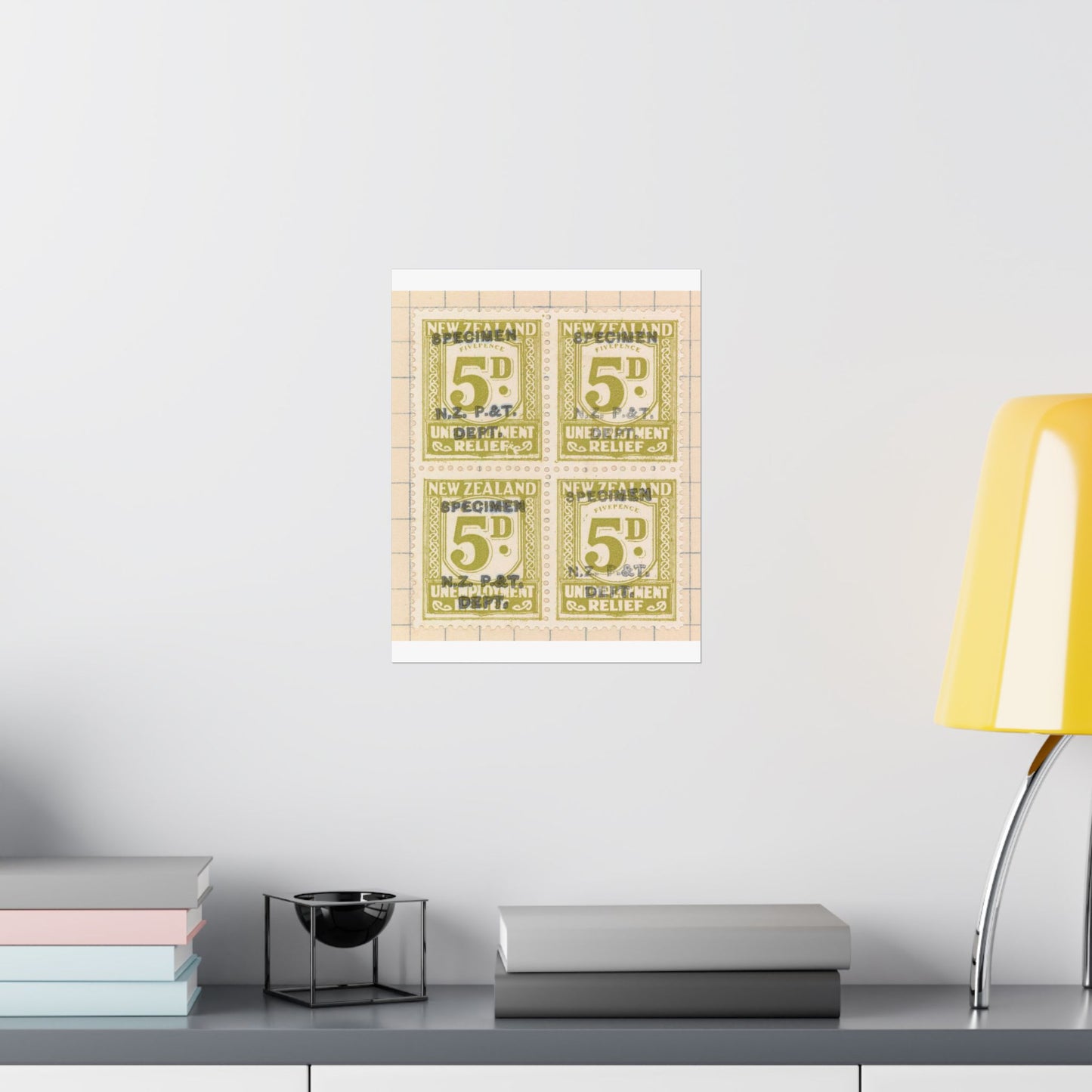 Block of five penny Unemployment Relief stamps overprinted 'Specimen' High Quality Matte Wall Art Poster for Home, Office, Classroom