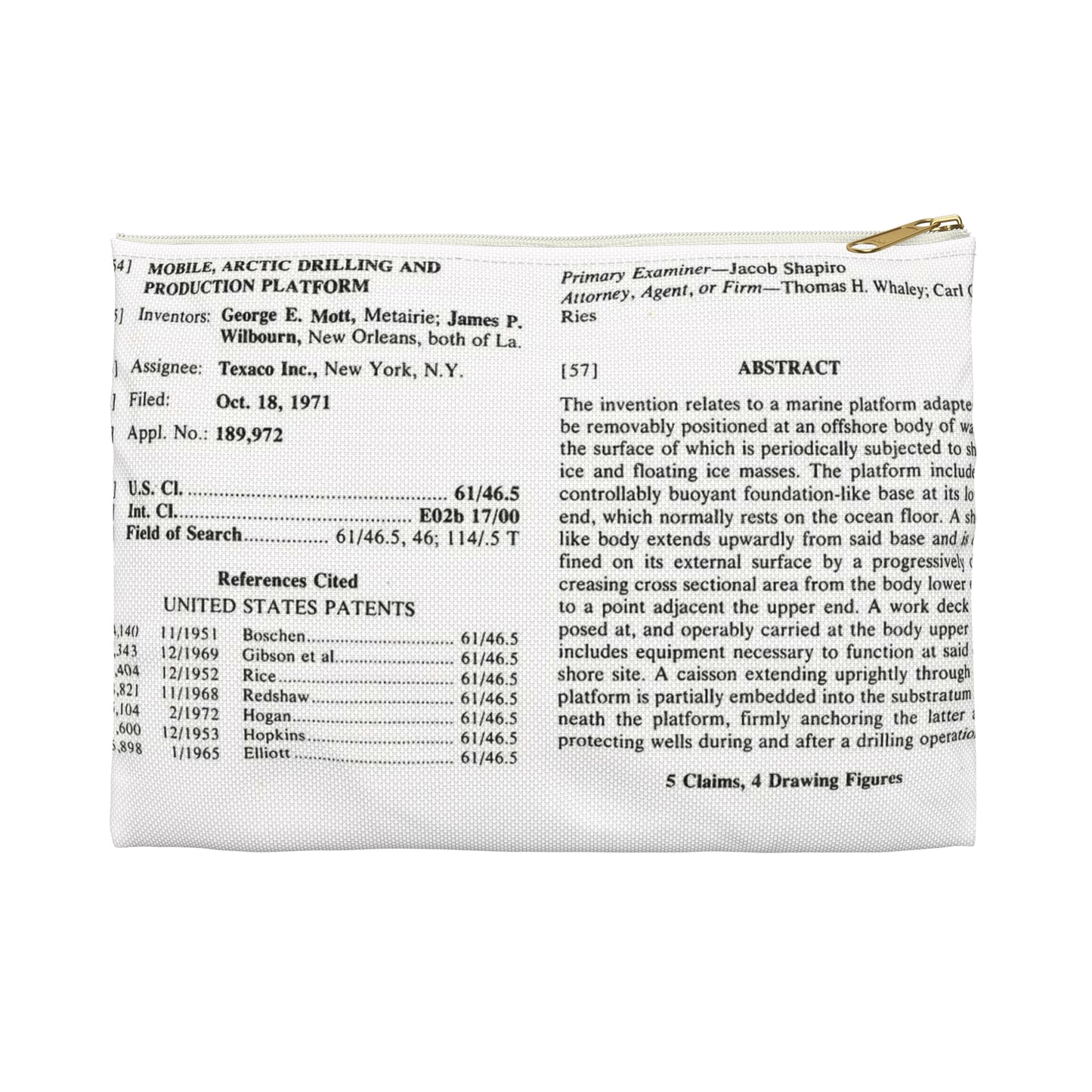 Patent Case File No. 3,793,840, Mobile Arctic Drilling and Production Platform, Inventor(s)- George E. Mott and James P. Wilbourn. - DPLA - 8f260bf2cd8926afbf4da017454f39b3 (page 6) Large Organizer Pouch with Black Zipper