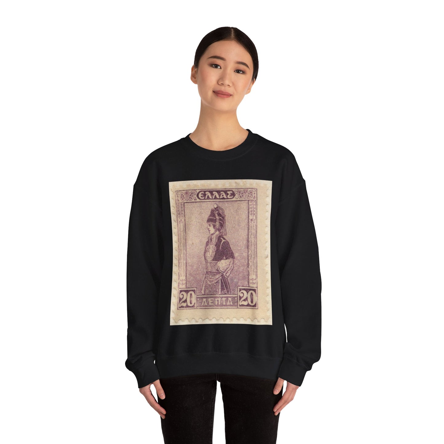 Frimärke ur Gösta Bodmans filatelistiska motivsamling, påbörjad 1950.Frimärke från GRekland, 1927. Motiv av Mecedonisk dräkt. Black Heavy Blend Adult Crew Neck SweatShirt