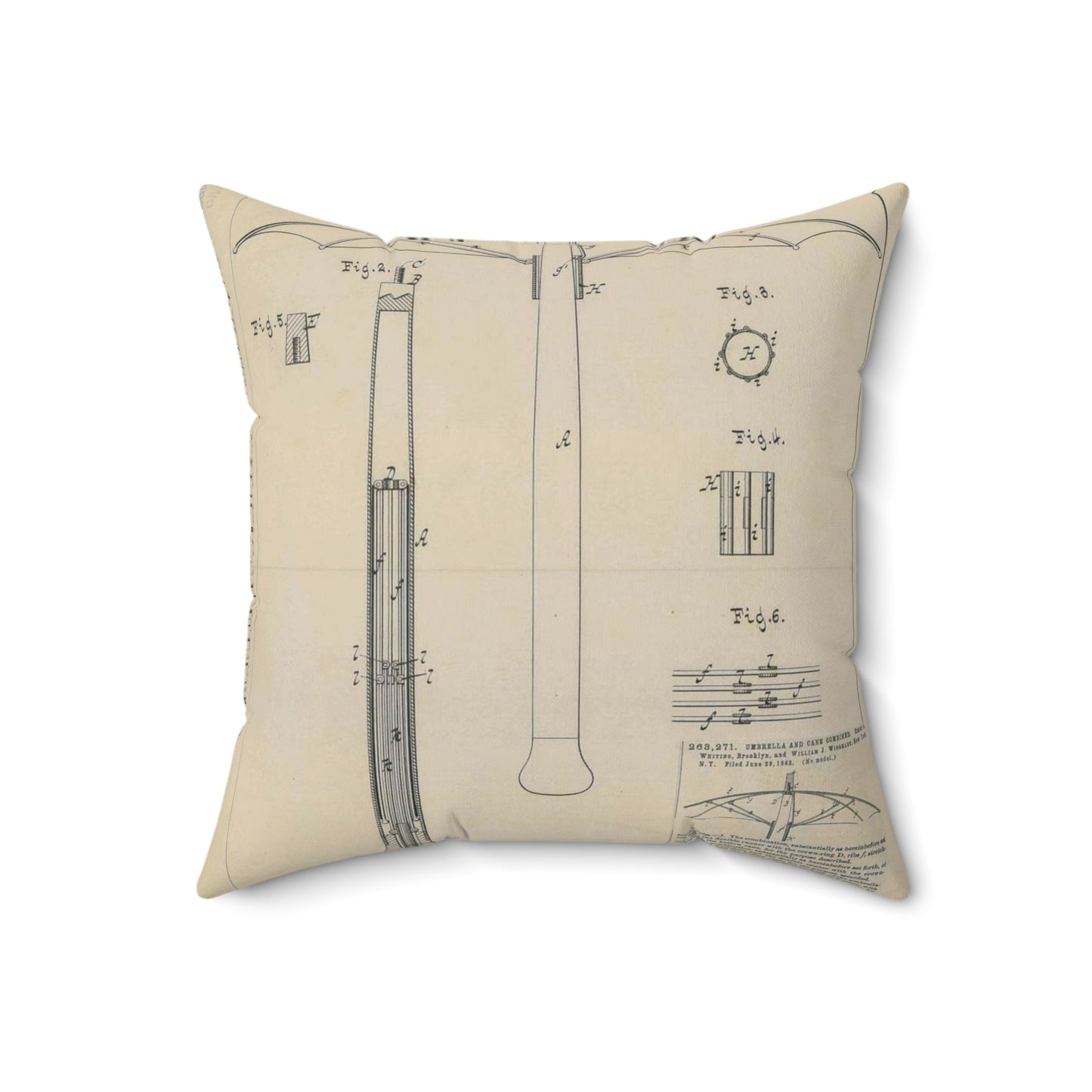Patent drawing - for H. A. Whiting and W. J. Winghart's Umbrella and Cane Combined Public domain  image Decorative Accent Square Pillow