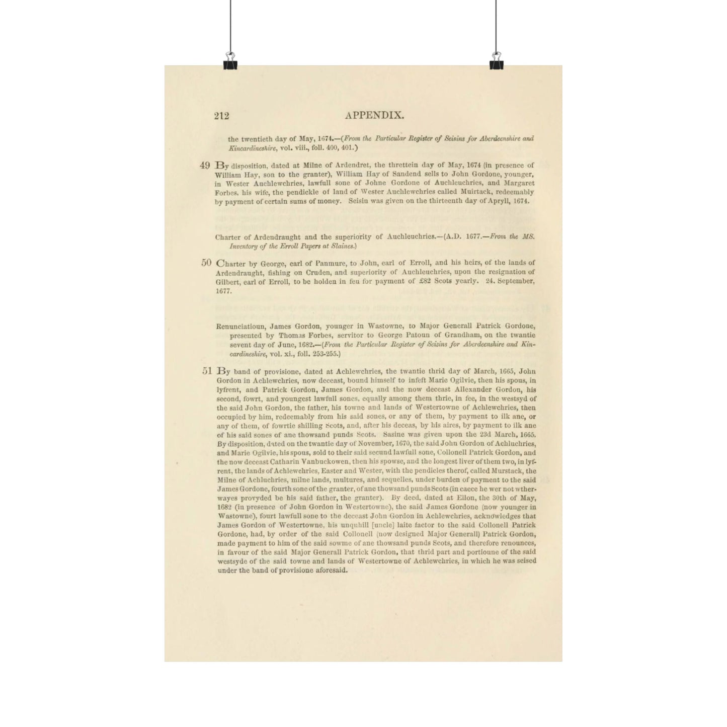 212 APPENDIX.   the twentieth day of May, 1674. — {From the Particular Register of Seisins for Aberdeenshire and  Kincardineshire High Quality Matte Wall Art Poster for Home, Office, Classroom