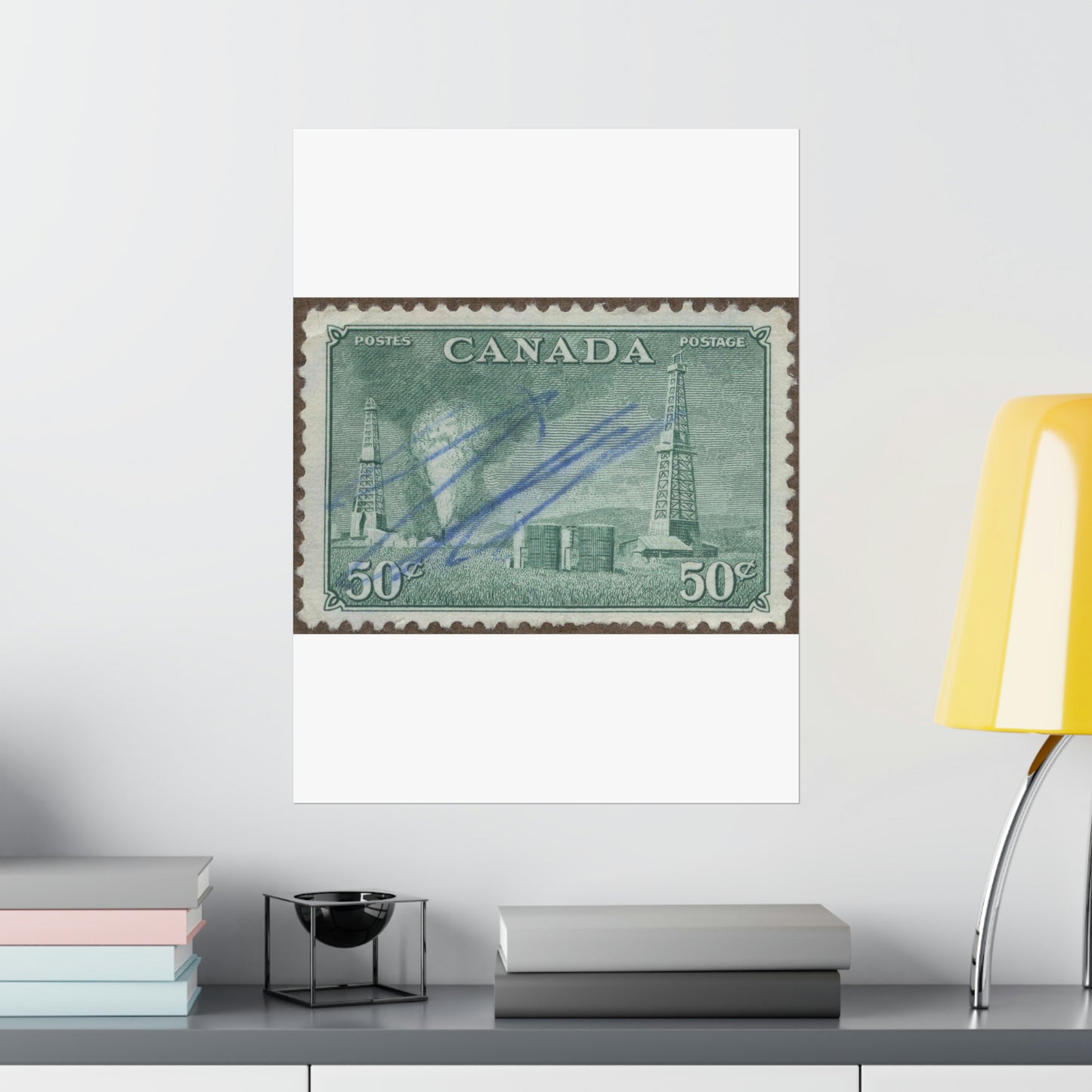 Frimärke ur Gösta Bodmans filatelistiska motivsamling, påbörjad 1950.Frimärke från Canada, 1950. Motiv av petroleumutvinning i Alberta. High Quality Matte Wall Art Poster for Home, Office, Classroom