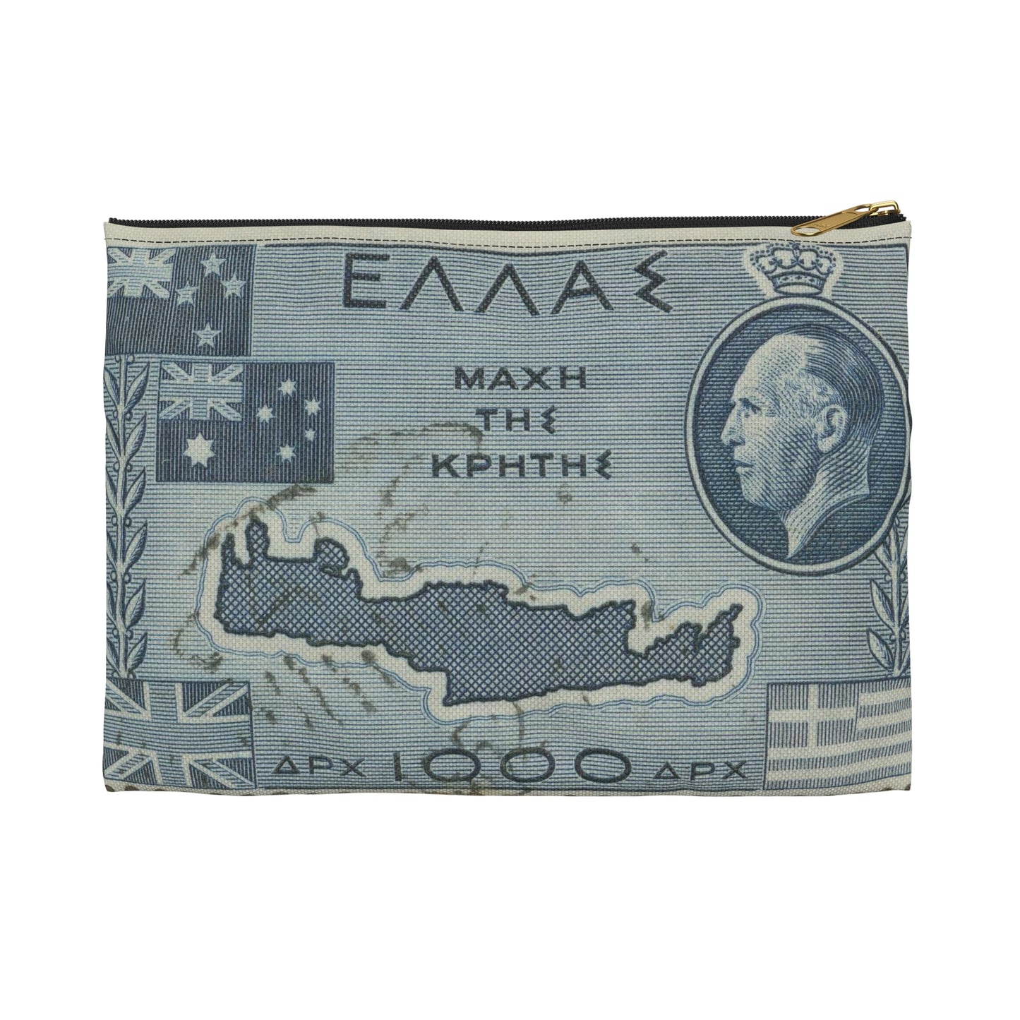 Frimärke ur Gösta Bodmans filatelistiska motivsamling, påbörjad 1950.Frimärke från Grekland, 1950. Motiv av karta över Kreta. "9-årsminne av slaget vid Kreta 1941". Large Organizer Pouch with Black Zipper