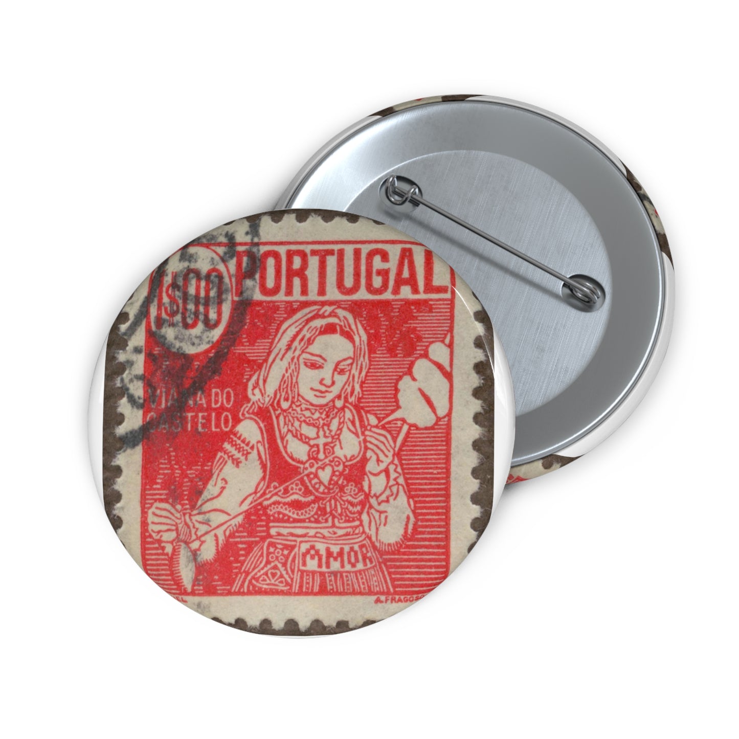 Frimärke ur Gösta Bodmans filatelistiska motivsamling, påbörjad 1950.Frimärke frånPortugal, 1941. Motiv av garnspinnande med slända. "Kvinna från Viana do Castelo". Pin Buttons with Crisp Design