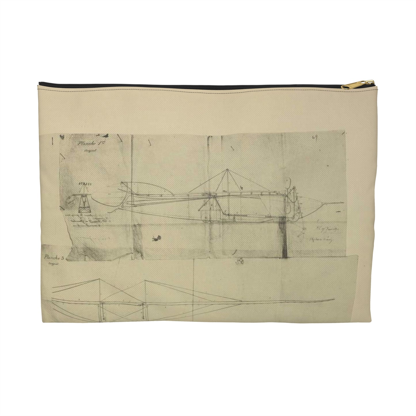 Patent drawing - Planche I et II du brevet n° 111.574 pris en France le 16 février 1876, par Penaud et Gauchot, pour «Un aéro-plane ou appareil aérien volant». Public domain  image Large Organizer Pouch with Black Zipper