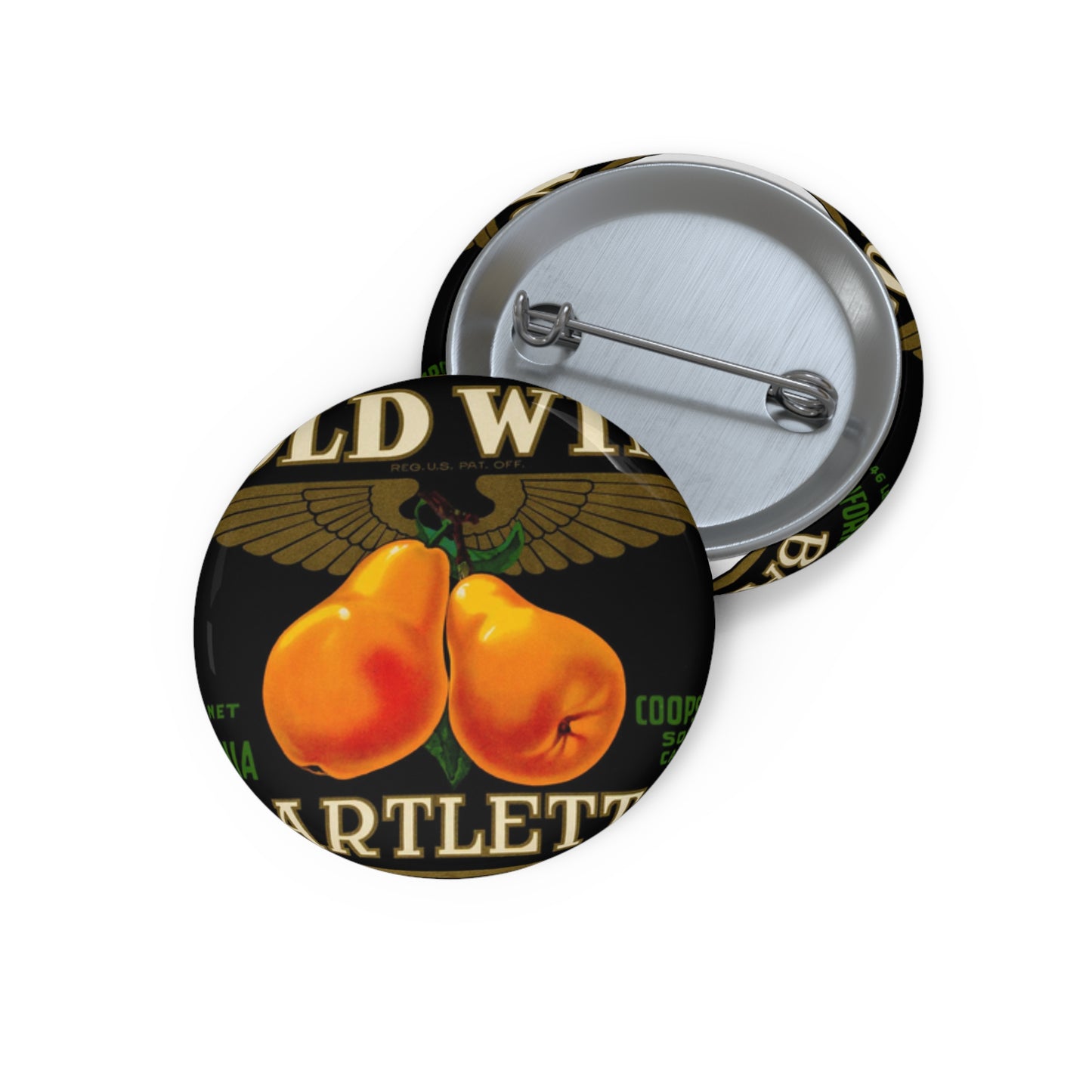 Gold Wing: Bartletts, California, Coops Bros., Sonoma, California, U.S.A. Pin Buttons with Crisp Design