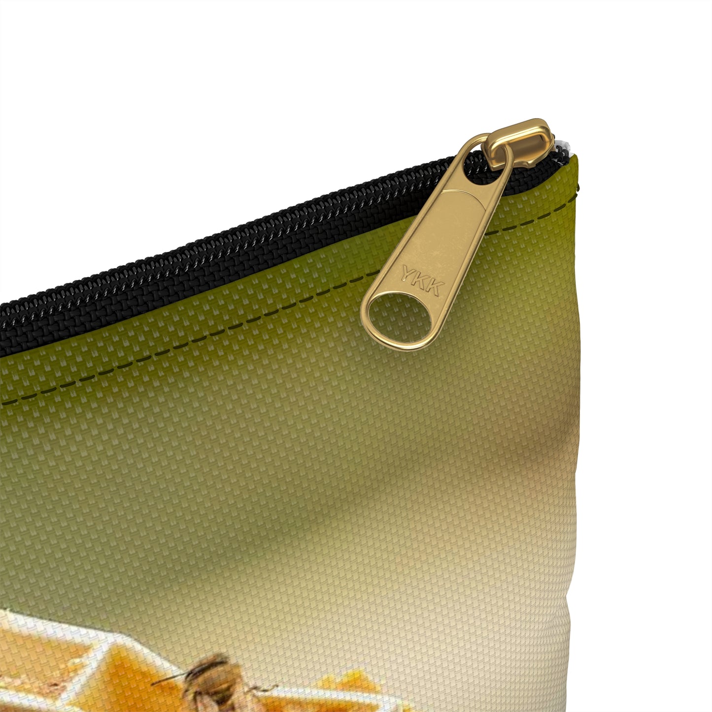 Honey bees transfer pollen to a honeycomb cell. Bee Large Organizer Pouch with Black Zipper