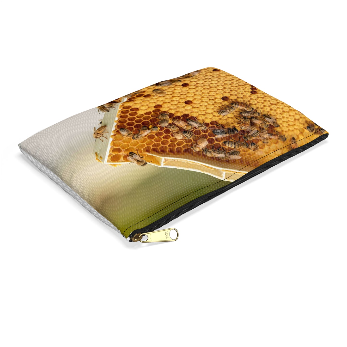 Honey bees transfer pollen to a honeycomb cell. Bee Large Organizer Pouch with Black Zipper