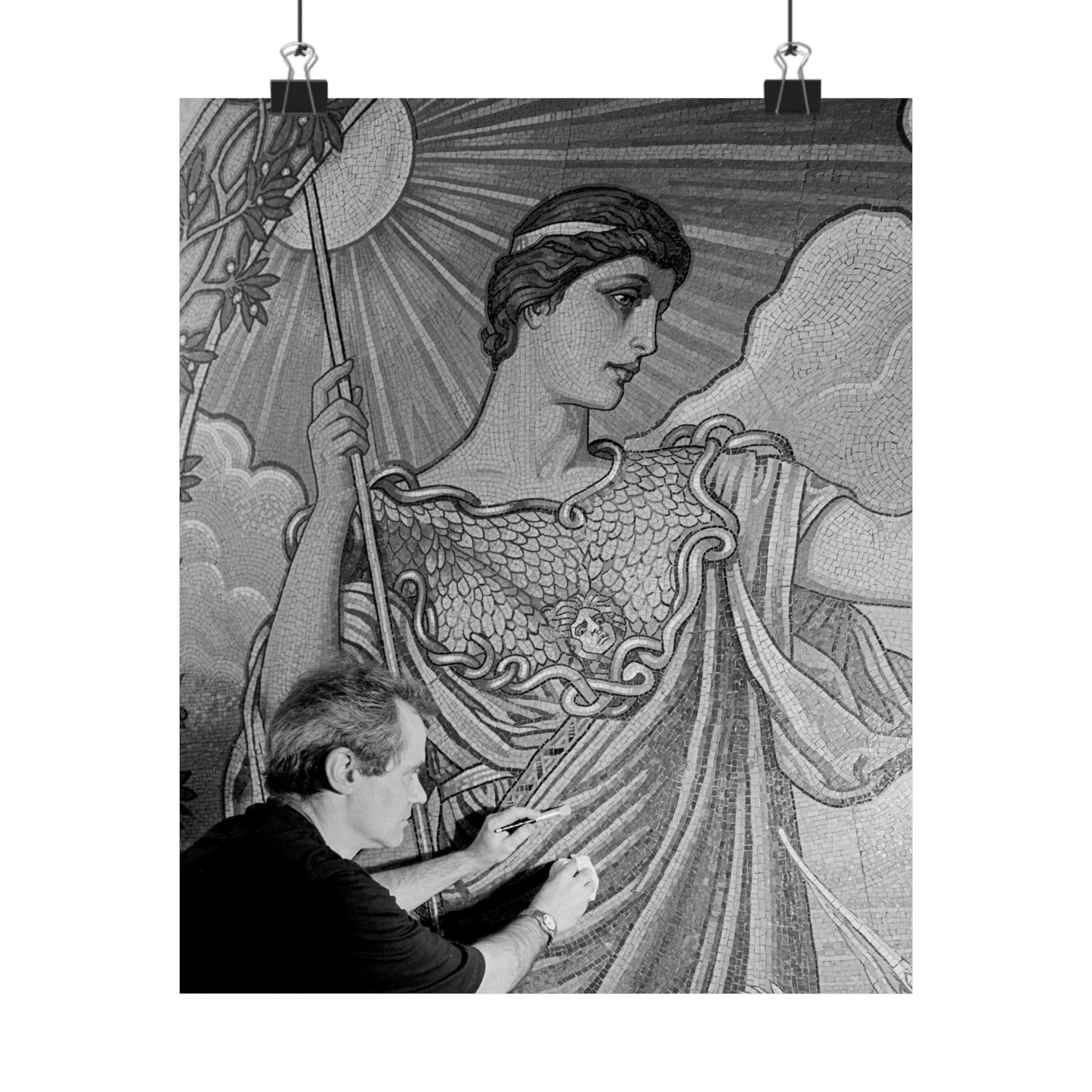 Cleaning the Minerva figure at the Library of Congress's Thomas Jefferson Building, Washington, D.C. High Quality Matte Wall Art Poster for Home, Office, Classroom