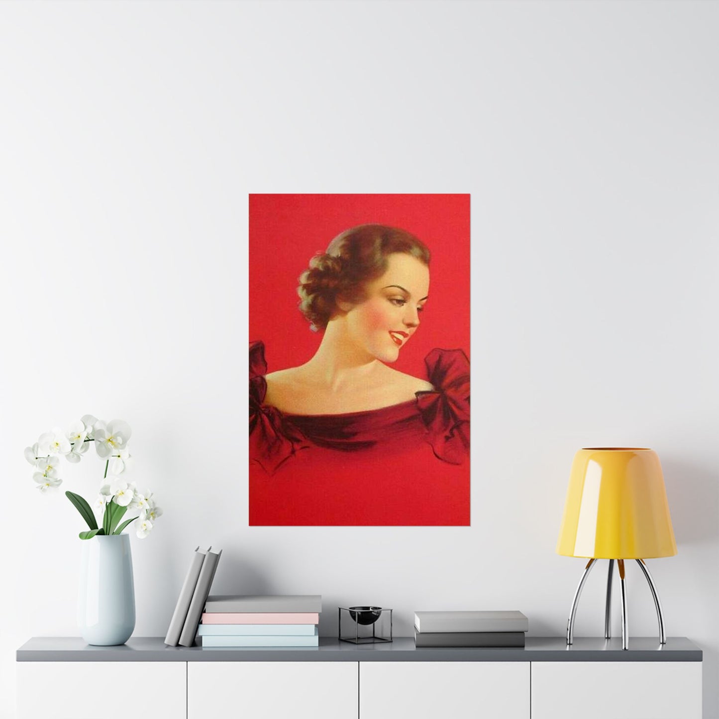 Brunette girl head, red background, painting by Edward Mason Eggleston High Quality Matte Wall Art Poster for Home, Office, Classroom