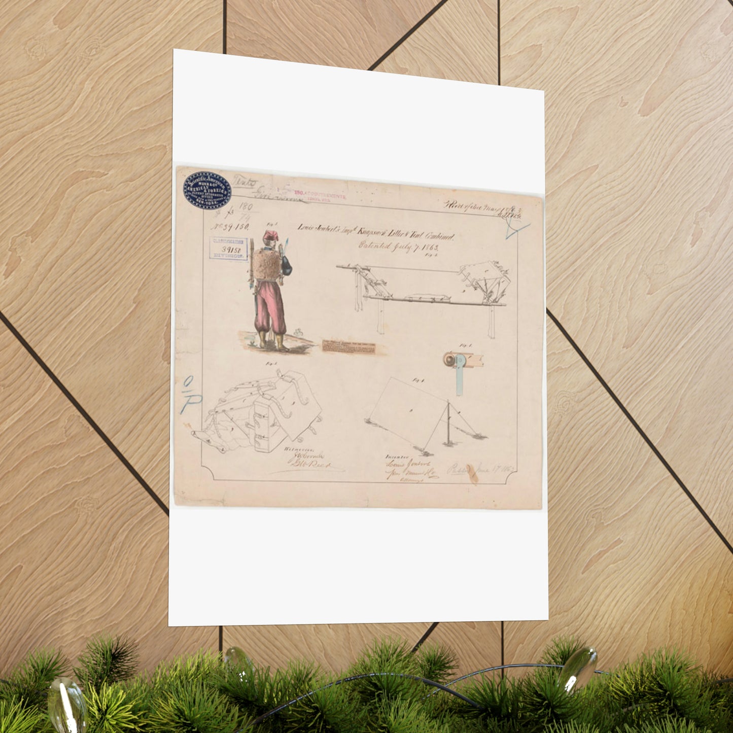 Patent drawing - Drawing of Improved Knapsack, Litter and Tent Combined Public domain  image High Quality Matte Wall Art Poster for Home, Office, Classroom