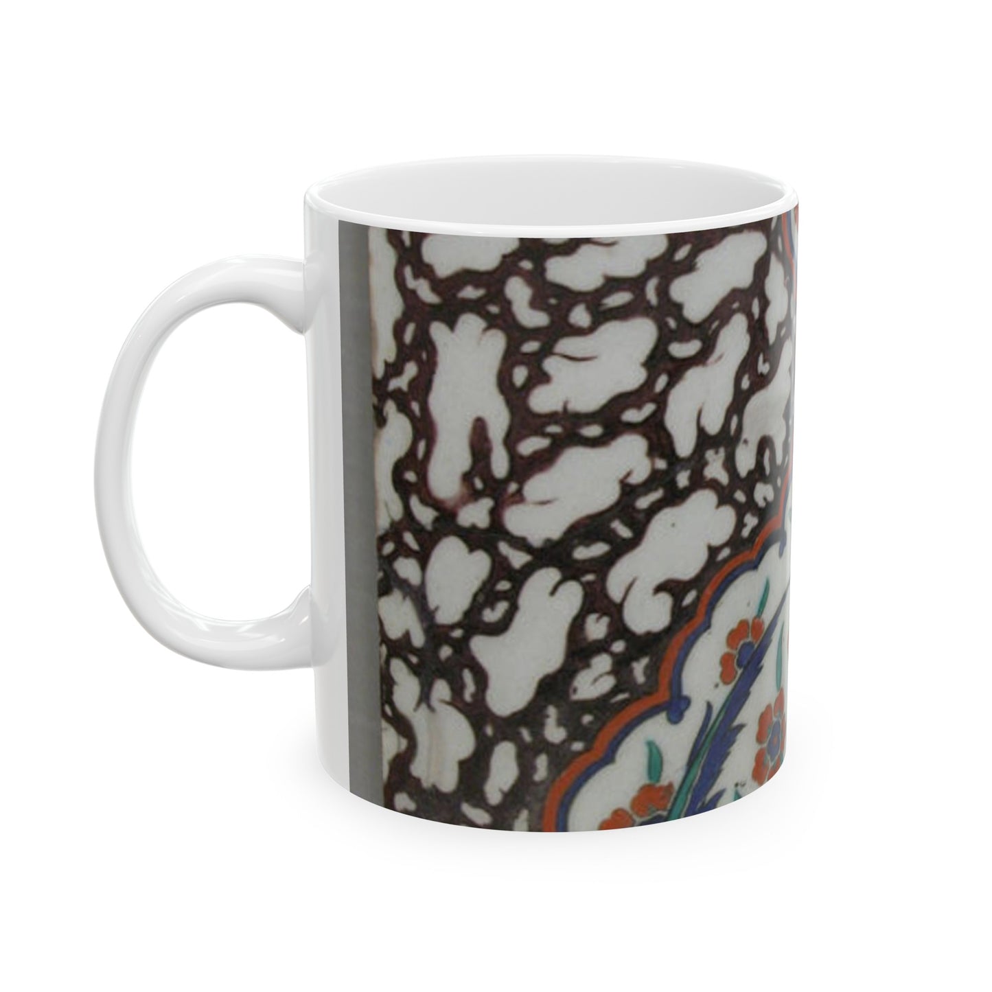 Tile with Floral Cartouche Design on Ebru (Marble Imitation Pattern) Background Beautiful Novelty Ceramic Coffee Mug 11oz