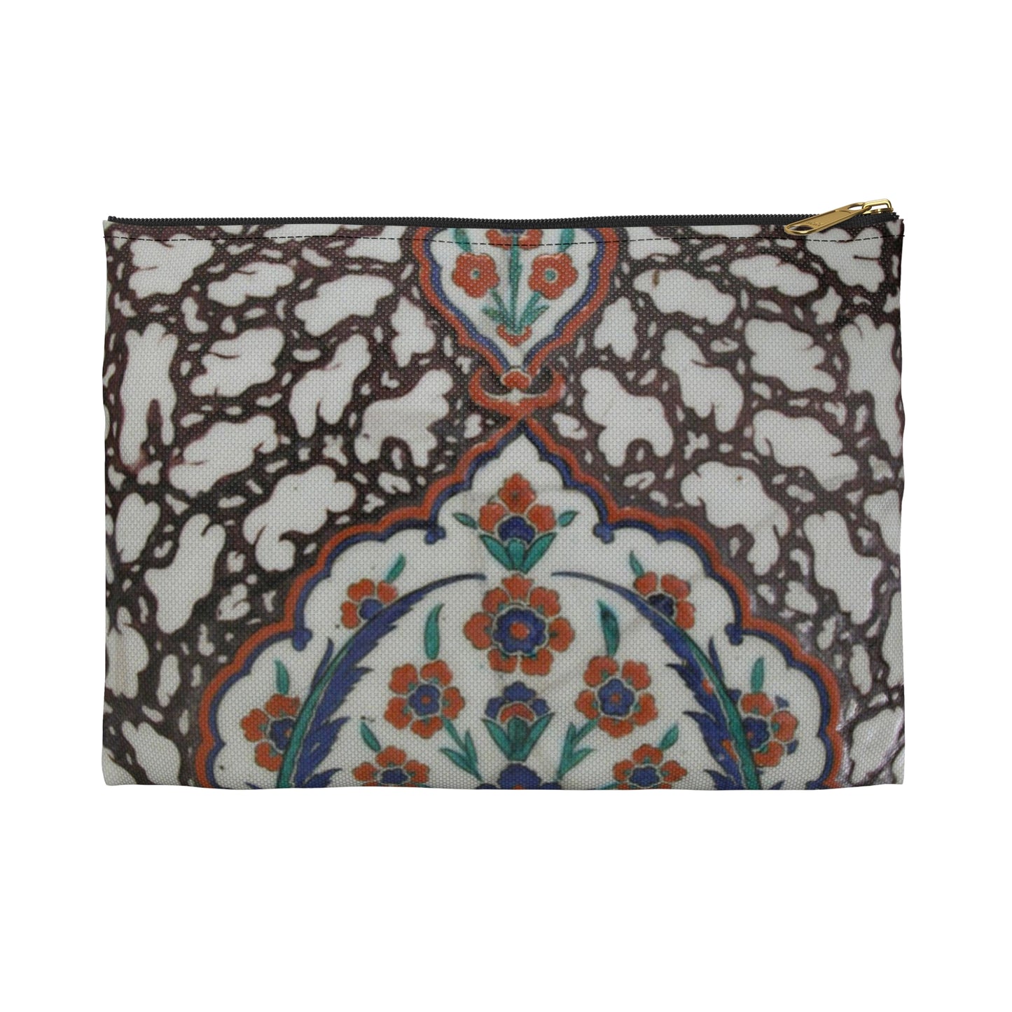 Tile with Floral Cartouche Design on Ebru (Marble Imitation Pattern) Background Large Organizer Pouch with Black Zipper