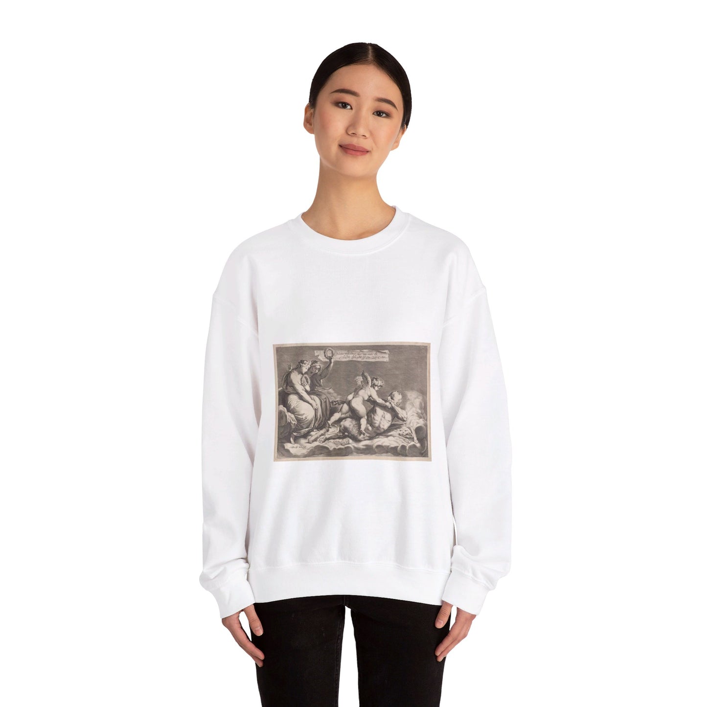 Cupid wrestling with Pan, amongst the clouds, with two allegorical women seated at left White Heavy Blend Adult Crew Neck SweatShirt