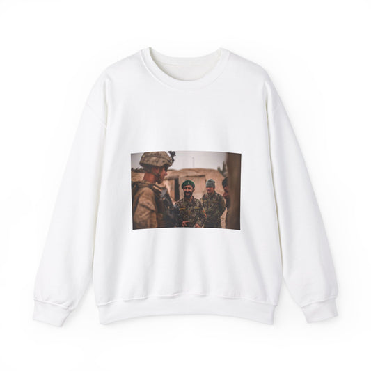 A U.S. Marine with Task Force Southwest (TFSW) converses White Heavy Blend Adult Crew Neck SweatShirt