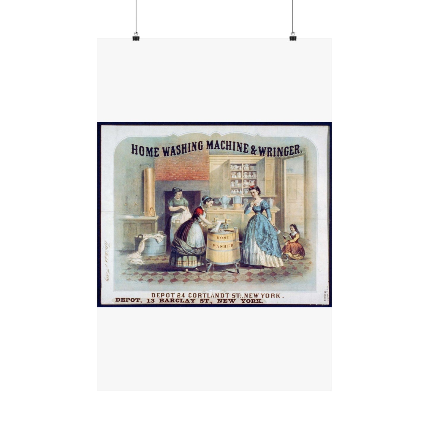 Home washing machine & wringer - A painting of women washing machines in a kitchen High Quality Matte Wall Art Poster for Home, Office, Classroom