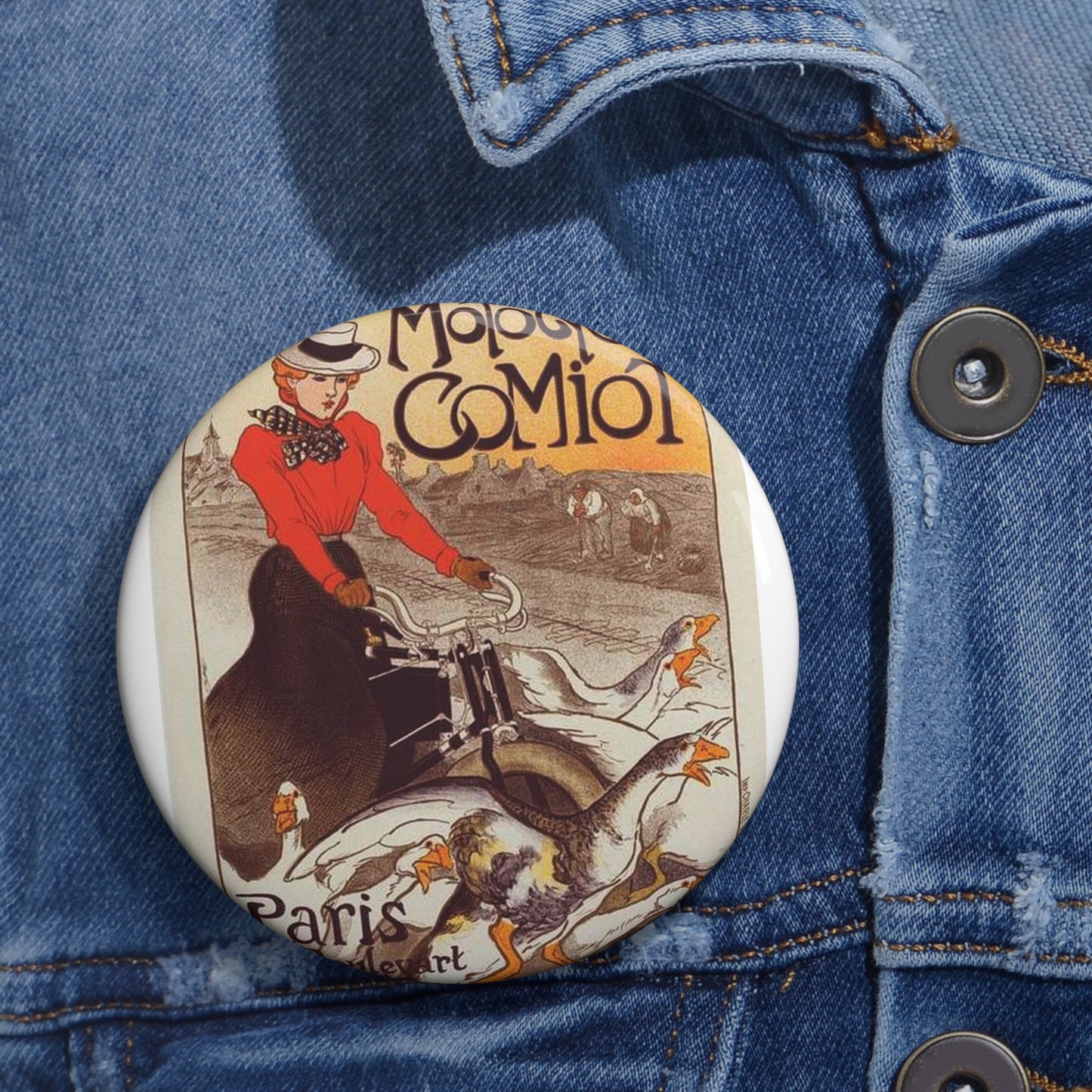 Affiche pour les "Motocycles Comiot". Pin Buttons with Crisp Design