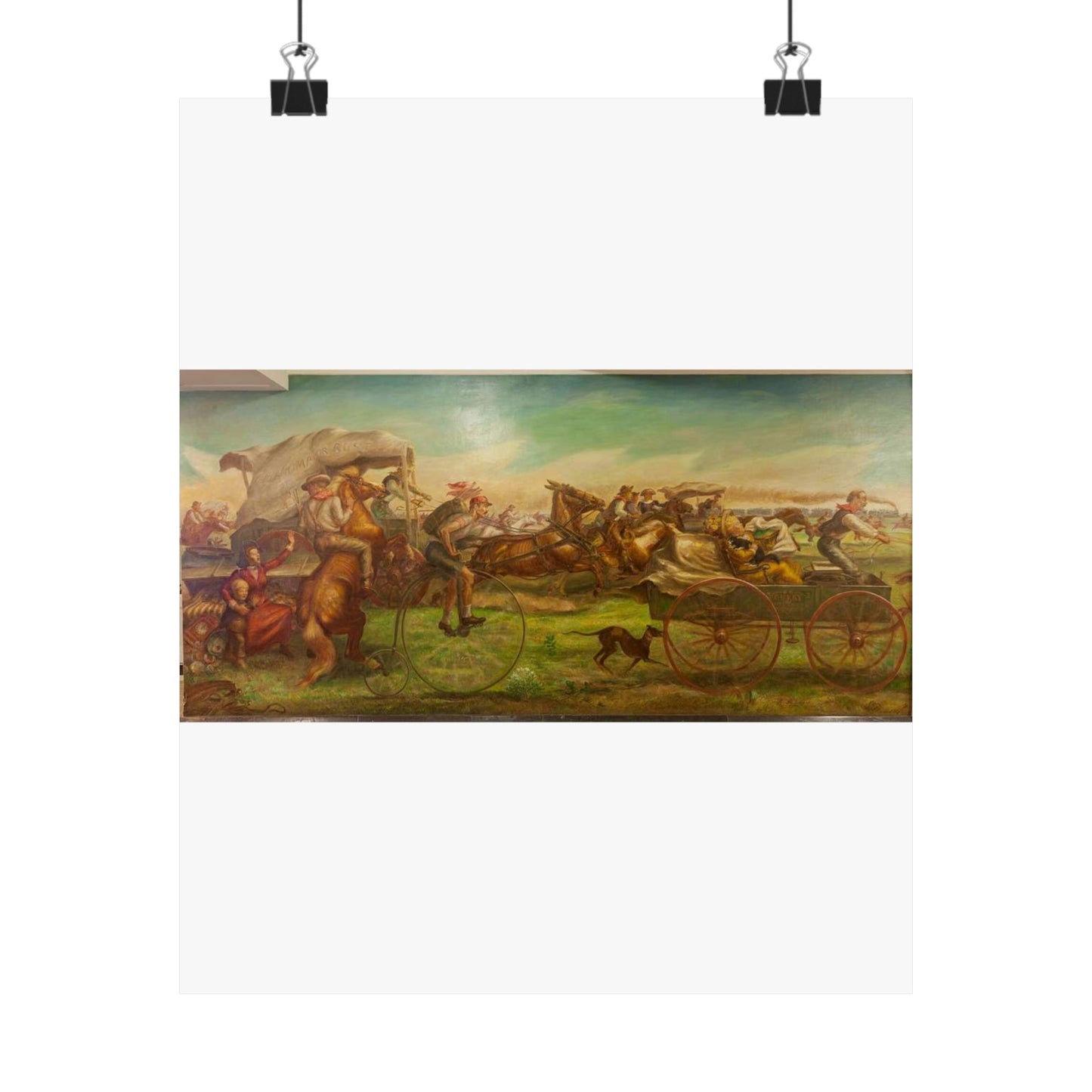 Mural: The Oklahoma Land Rush, April 22, 1889, by John Steuart Curry at the Department of Interior, Washington, D.C. High Quality Matte Wall Art Poster for Home, Office, Classroom