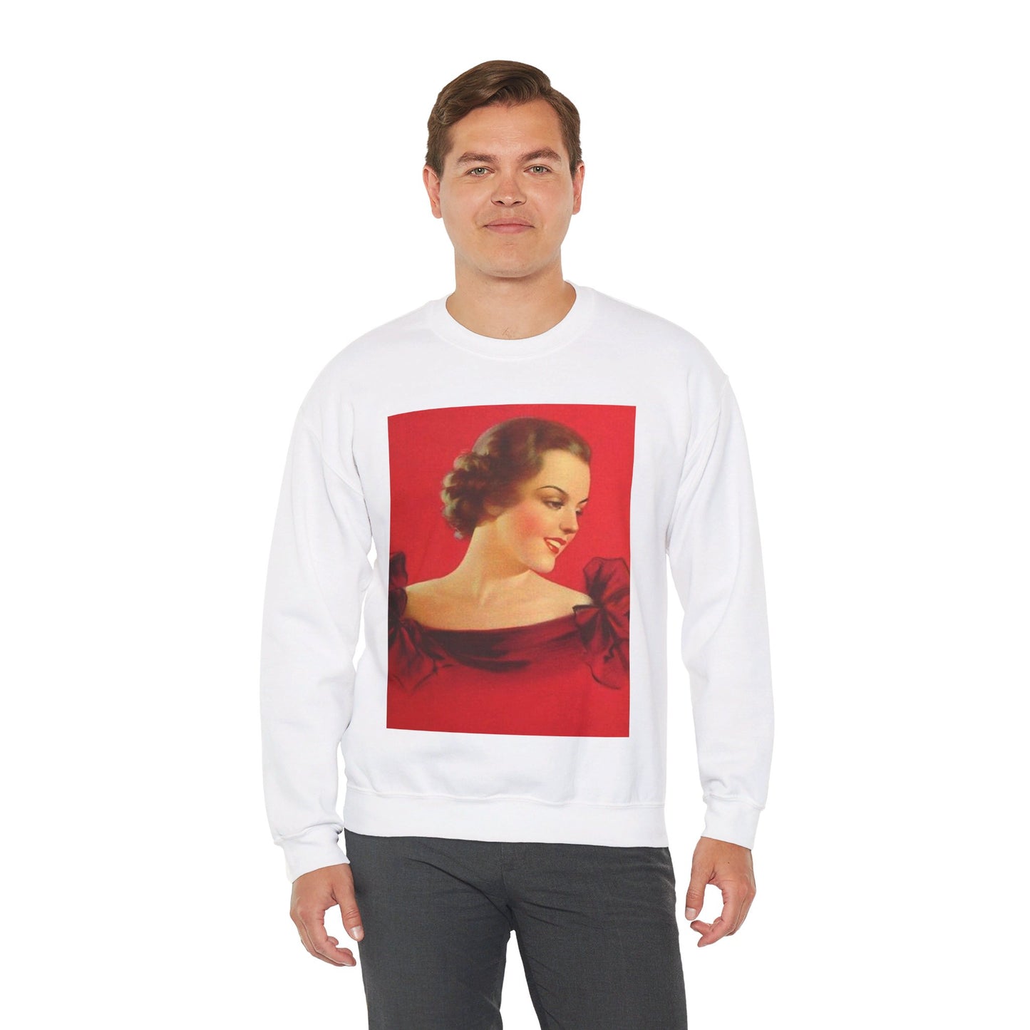 Brunette girl head, red background, painting by Edward Mason Eggleston White Heavy Blend Adult Crew Neck SweatShirt