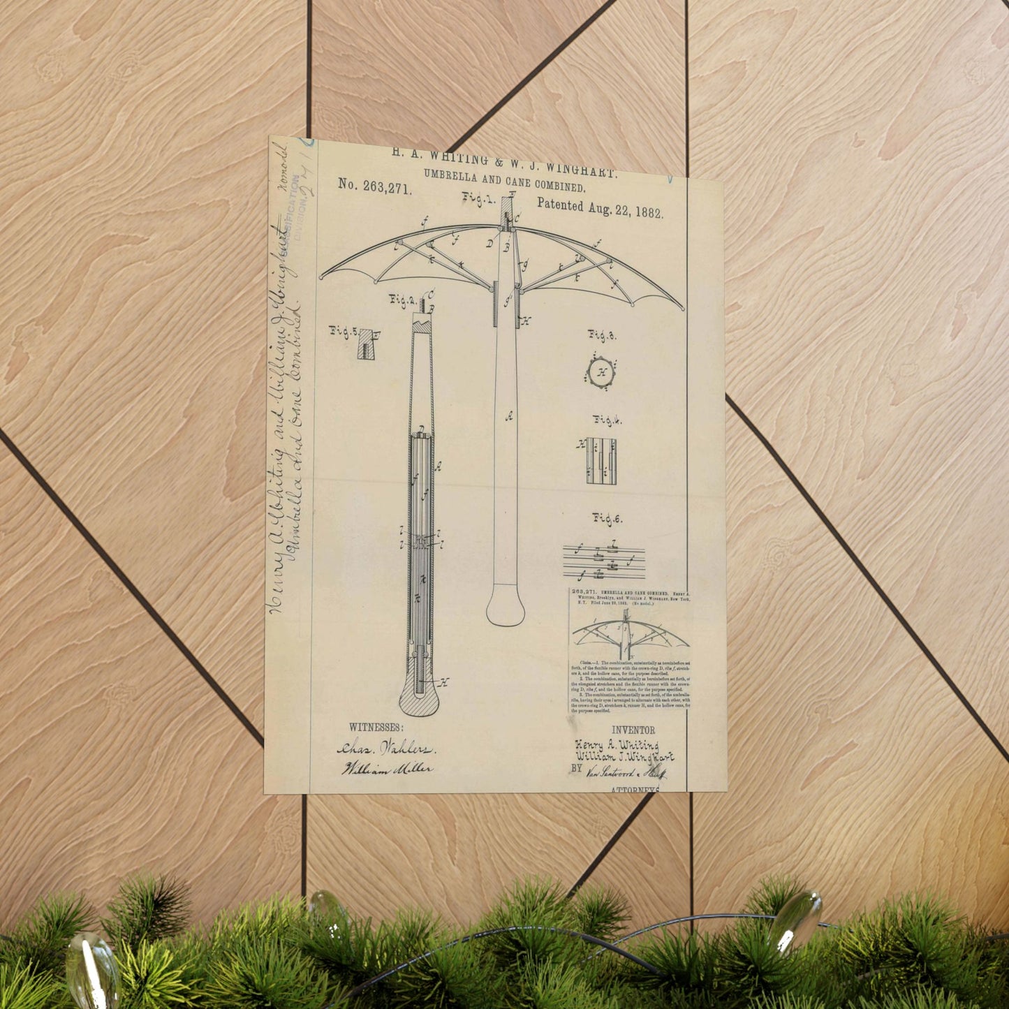 Patent drawing - for H. A. Whiting and W. J. Winghart's Umbrella and Cane Combined Public domain  image High Quality Matte Wall Art Poster for Home, Office, Classroom