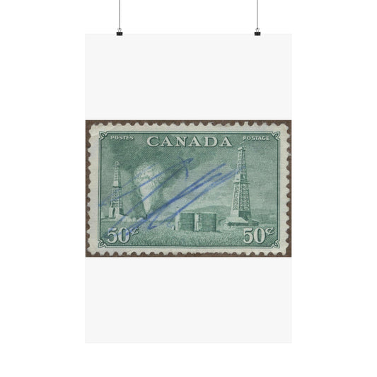 Frimärke ur Gösta Bodmans filatelistiska motivsamling, påbörjad 1950.Frimärke från Canada, 1950. Motiv av petroleumutvinning i Alberta. High Quality Matte Wall Art Poster for Home, Office, Classroom